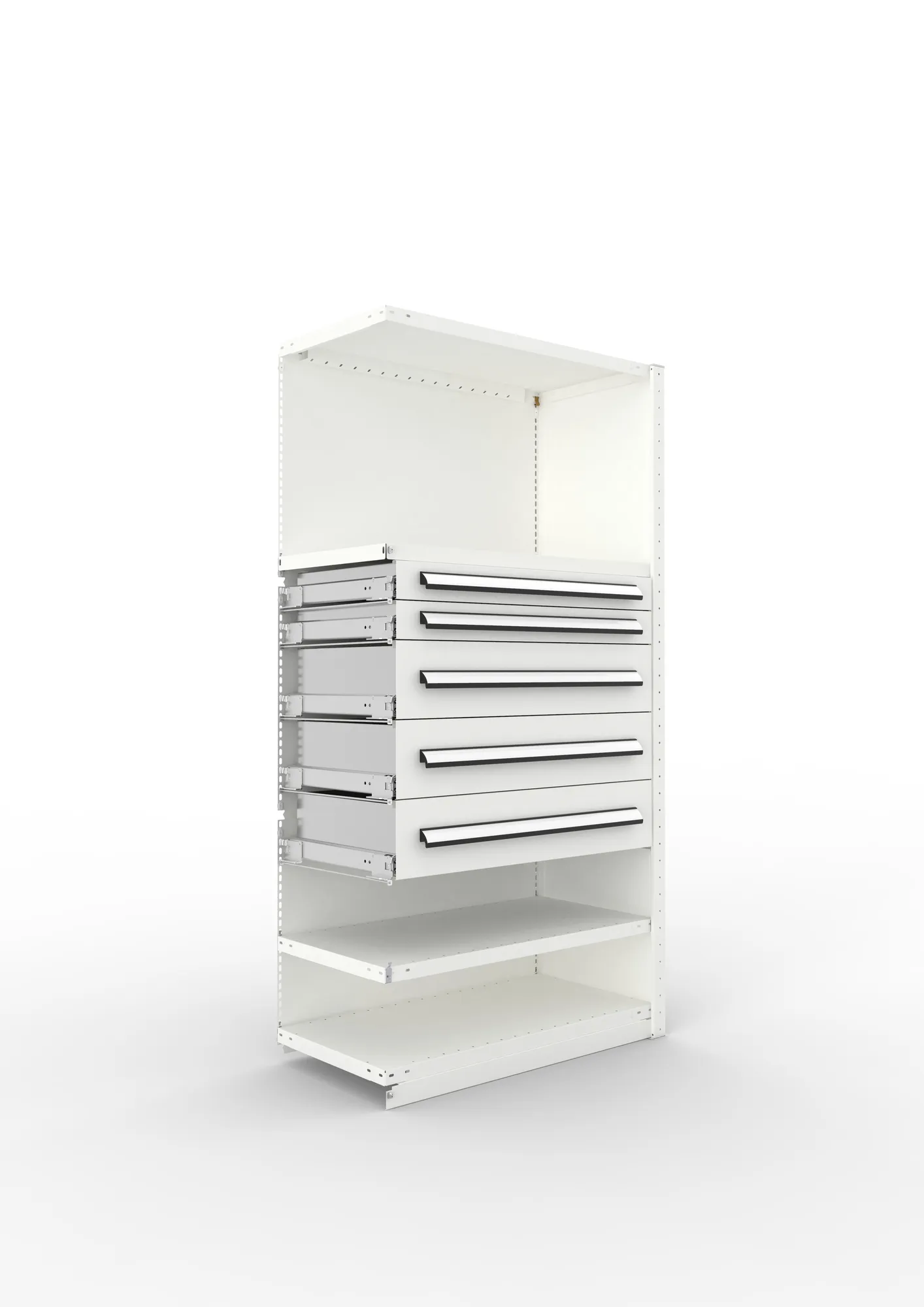 META CLIP, Schrankmodul, Anbauregal, Variante 4, 2000 x 1000 x 500 mm, Schubladen mittig, RAL 7035 – Ansicht in Blickhöhe