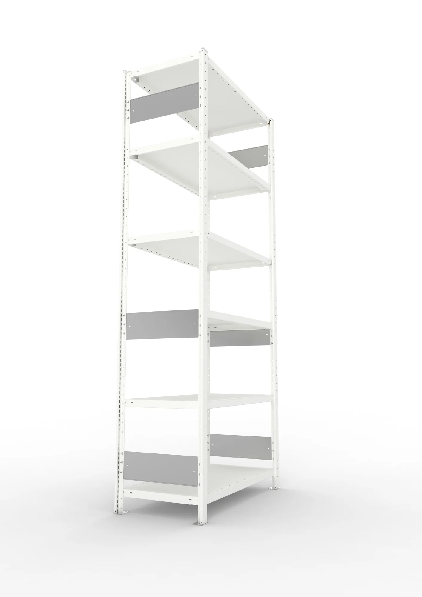 META CLIP S3, Fachbodenregal, Grundregal, 2500 x 1000 x 500 mm, Fachlast 230 kg, 6 Ebenen, Längsriegel, RAL 7035 – Seitenansicht
