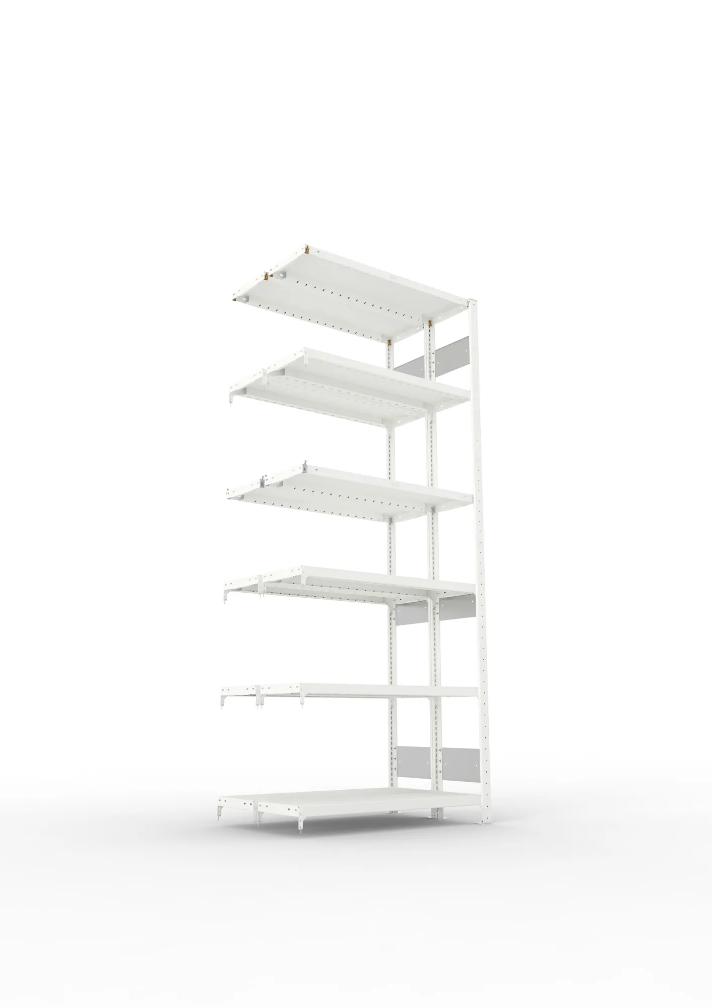META CLIP S3, Fachbodenregal, Doppel-Anbauregal, 2500 x 1000 x 300 mm, Fachlast 230 kg, 6 Ebenen, Längsriegel, RAL 7035 – Ansicht von unten