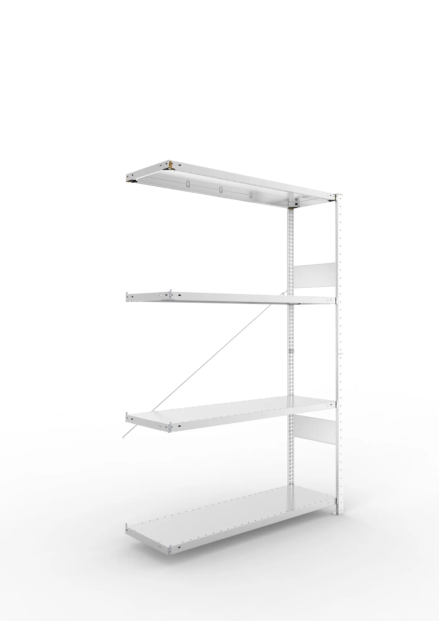META CLIP SPLIT, Fachbodenregal, Anbauregal, 2000 x 1300 x 400 mm, Fachlast 230 kg, 4 Ebenen, verzinkt – Ansicht in Blickhöhe