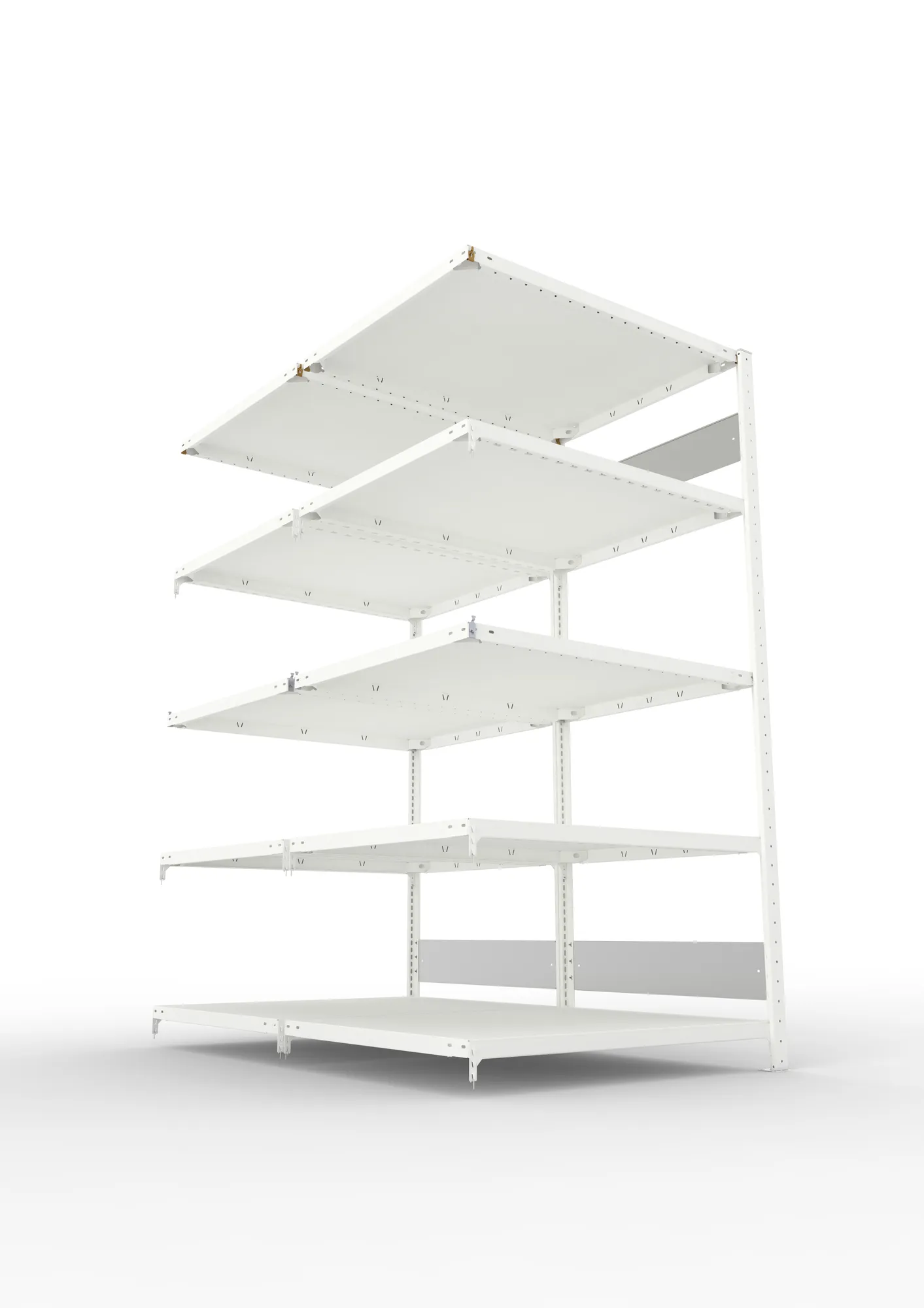 META CLIP S3, Fachbodenregal, Doppel-Anbauregal, 2000 x 1000 x 800 mm, Fachlast 230 kg, 5 Ebenen, Längsriegel, RAL 7035 – Ansicht von unten