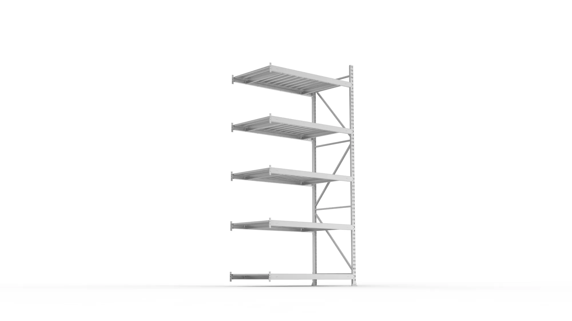 META MINI-RACK, Weitspannregal, Anbauregal, 3000 x 1400 x 800 mm, Fachlast 600 kg, Stahlpaneelböden, 5 Ebenen – Ansicht von unten