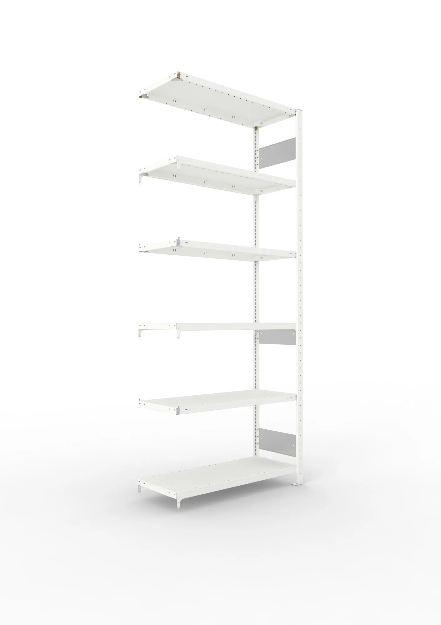 META CLIP S3, Fachbodenregal, Anbauregal, 2500 x 1000 x 400 mm, Fachlast 150 kg, 6 Ebenen, Längsriegel, RAL 7035 – Ansicht in Blickhöhe