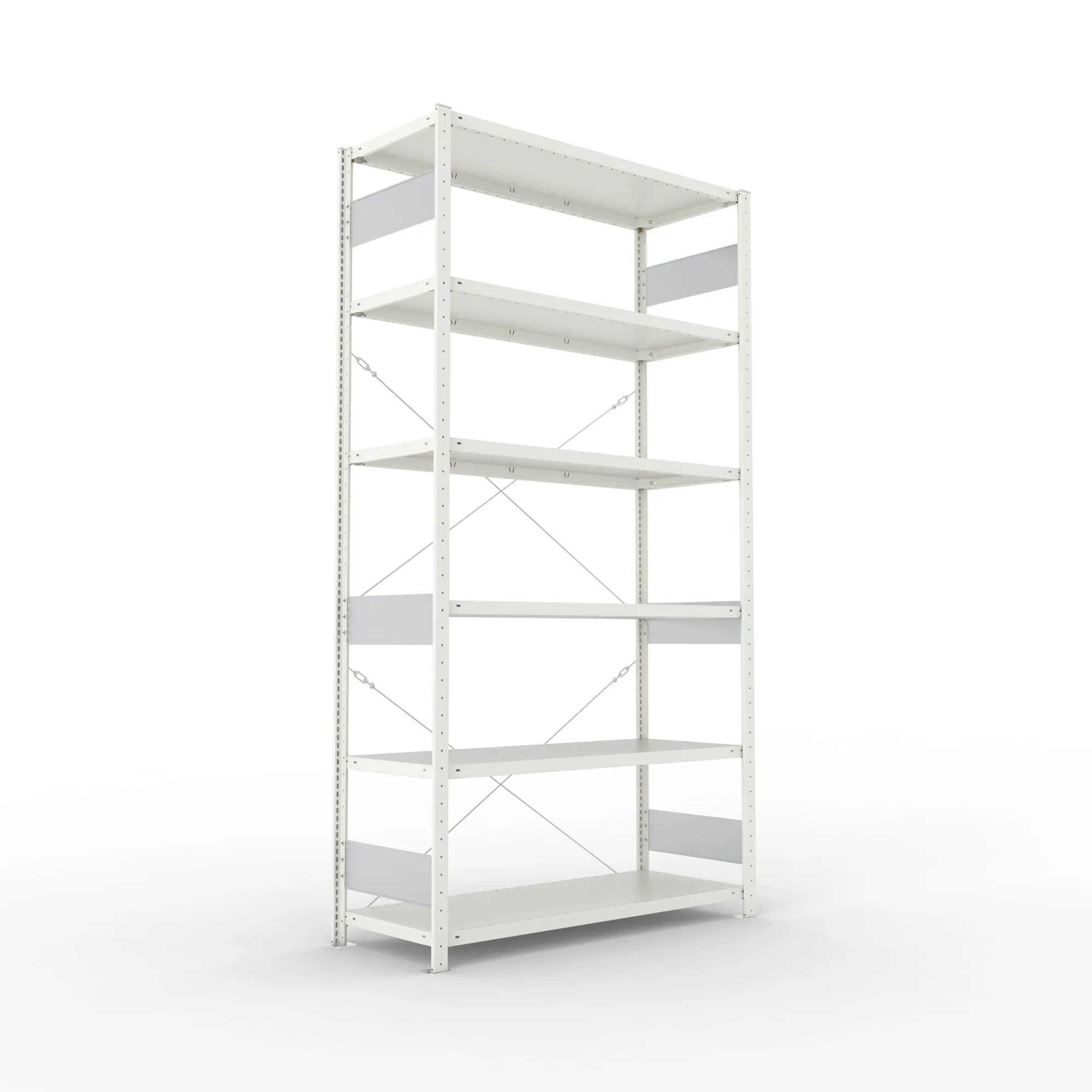 META CLIP S3, Fachbodenregal, Grundregal, 2500 x 1300 x 500 mm, Fachlast 150 kg, 6 Ebenen, RAL 7035 – Ansicht in Blickhöhe