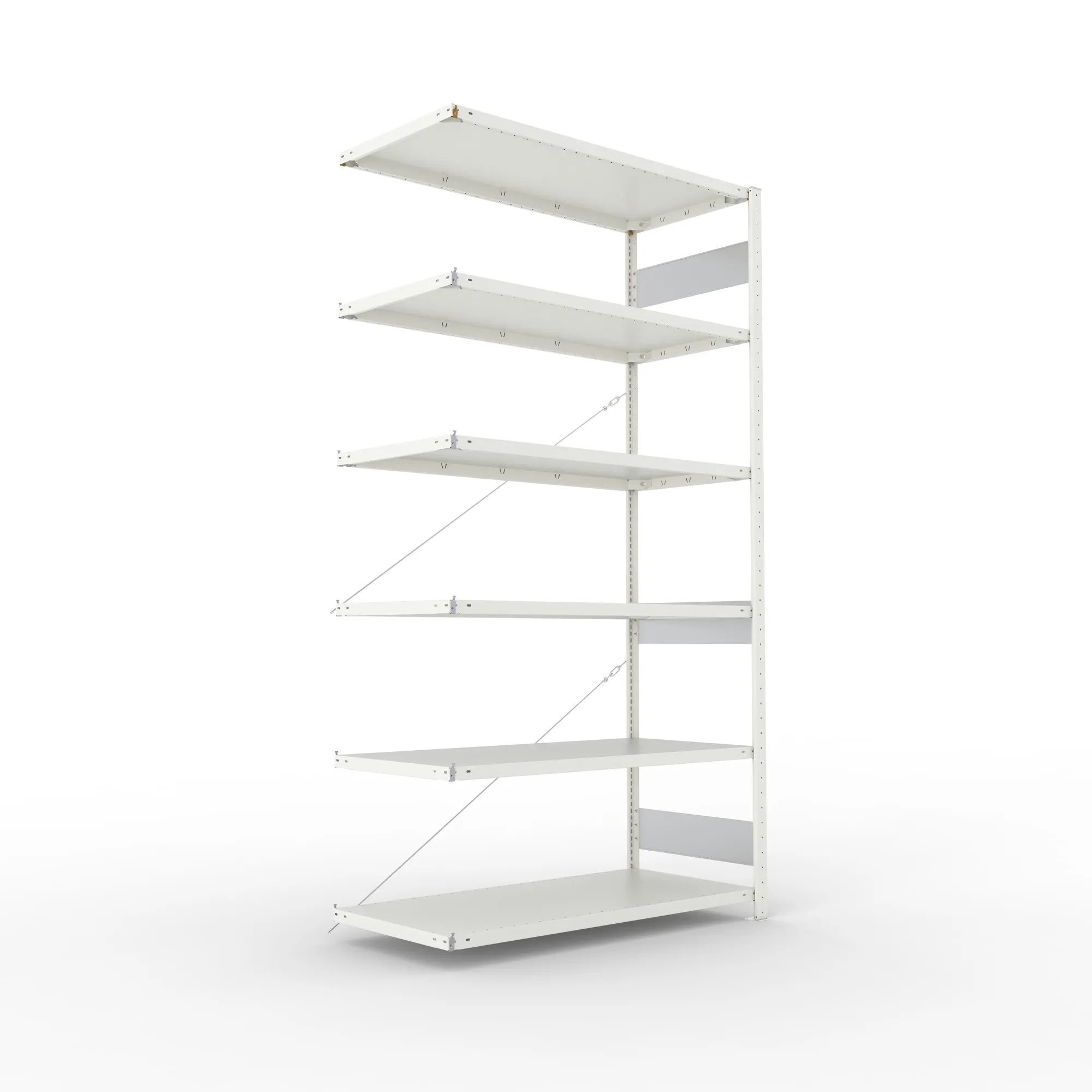 META CLIP S3, Fachbodenregal, Anbauregal, 2500 x 1300 x 600 mm, Fachlast 150 kg, 6 Ebenen, RAL 7035 – Ansicht in Blickhöhe