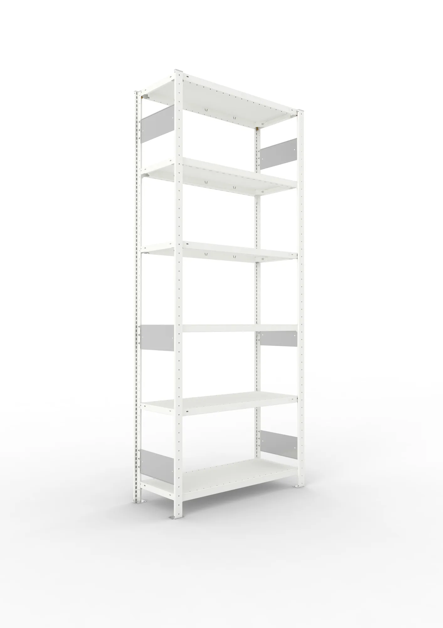 META CLIP S3, Fachbodenregal, Grundregal, 2500 x 1000 x 400 mm, Fachlast 150 kg, 6 Ebenen, Längsriegel, RAL 7035 – Ansicht in Blickhöhe