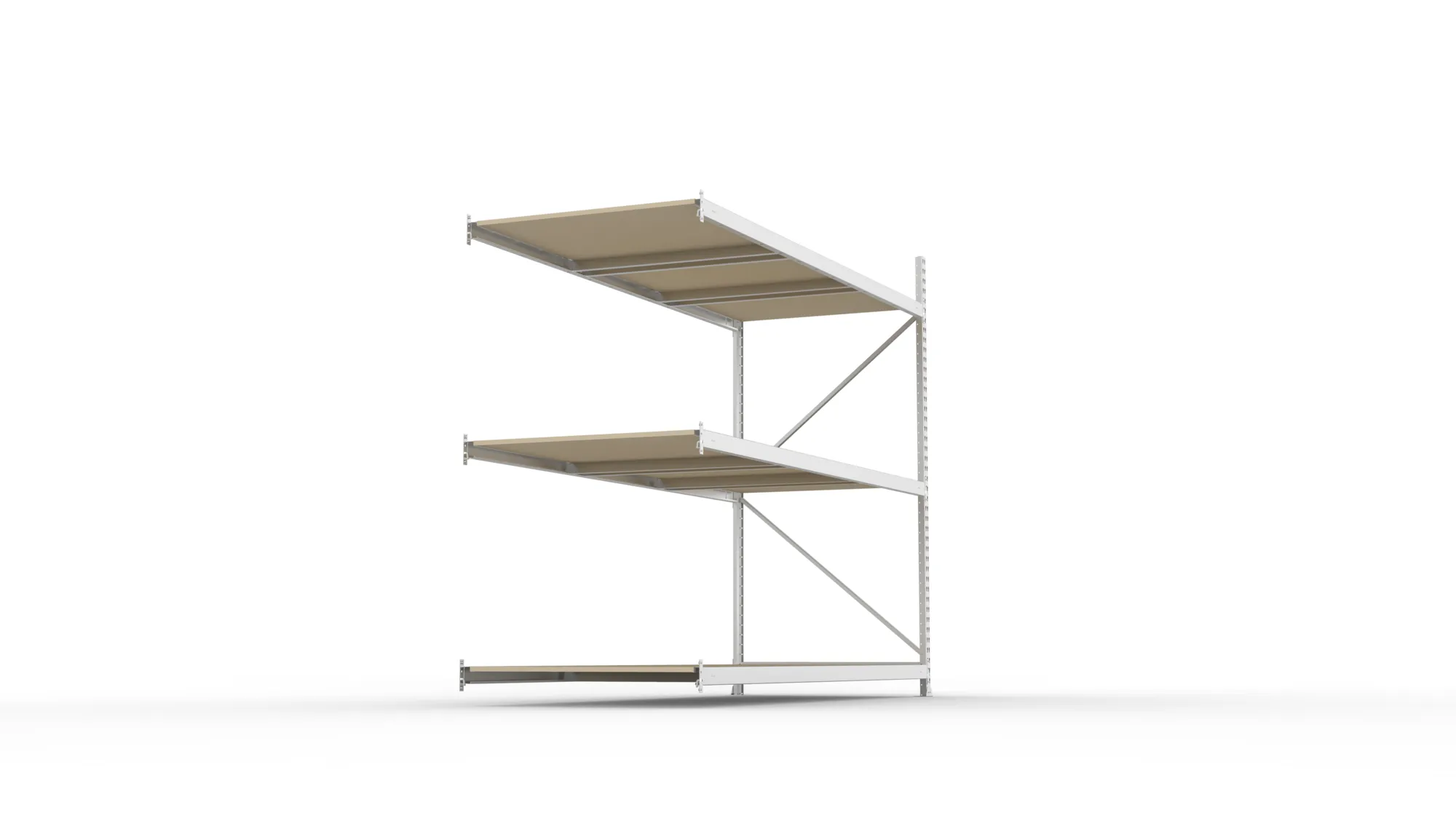 META MINI-RACK, Weitspannregal, Anbauregal, 2200 x 2600 x 1050 mm, Fachlast 490 kg, Spanplattenböden, 3 Ebenen – Seitenansicht