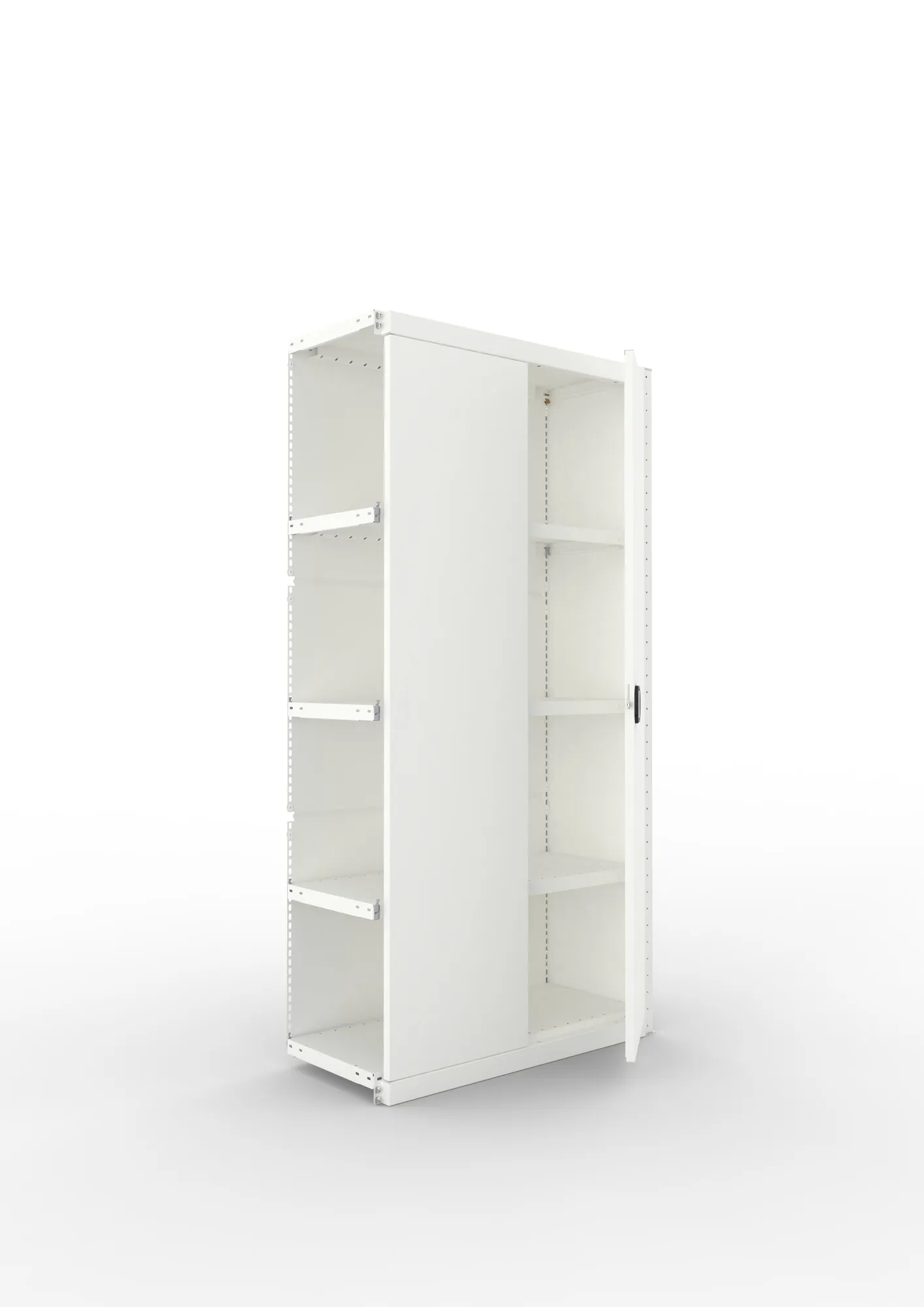 META CLIP, Schrankmodul, Anbauregal, Variante 3, 2000 x 1000 x 400 mm, mit Volltür, RAL 7035 – Ansicht in Blickhöhe
