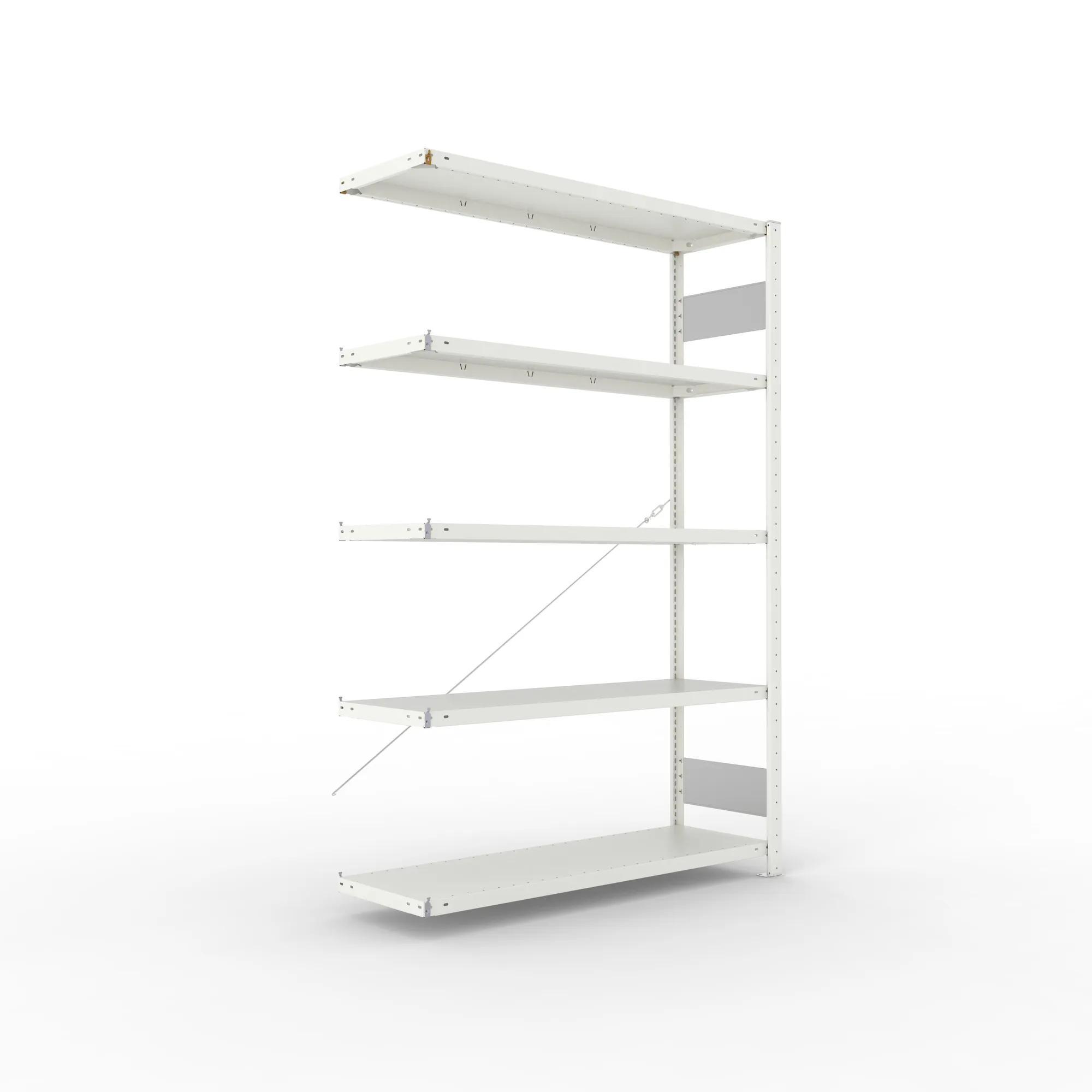META CLIP S3, Fachbodenregal, Anbauregal, 2000 x 1300 x 400 mm, Fachlast 150 kg, 5 Ebenen, RAL 7035 – Ansicht in Blickhöhe