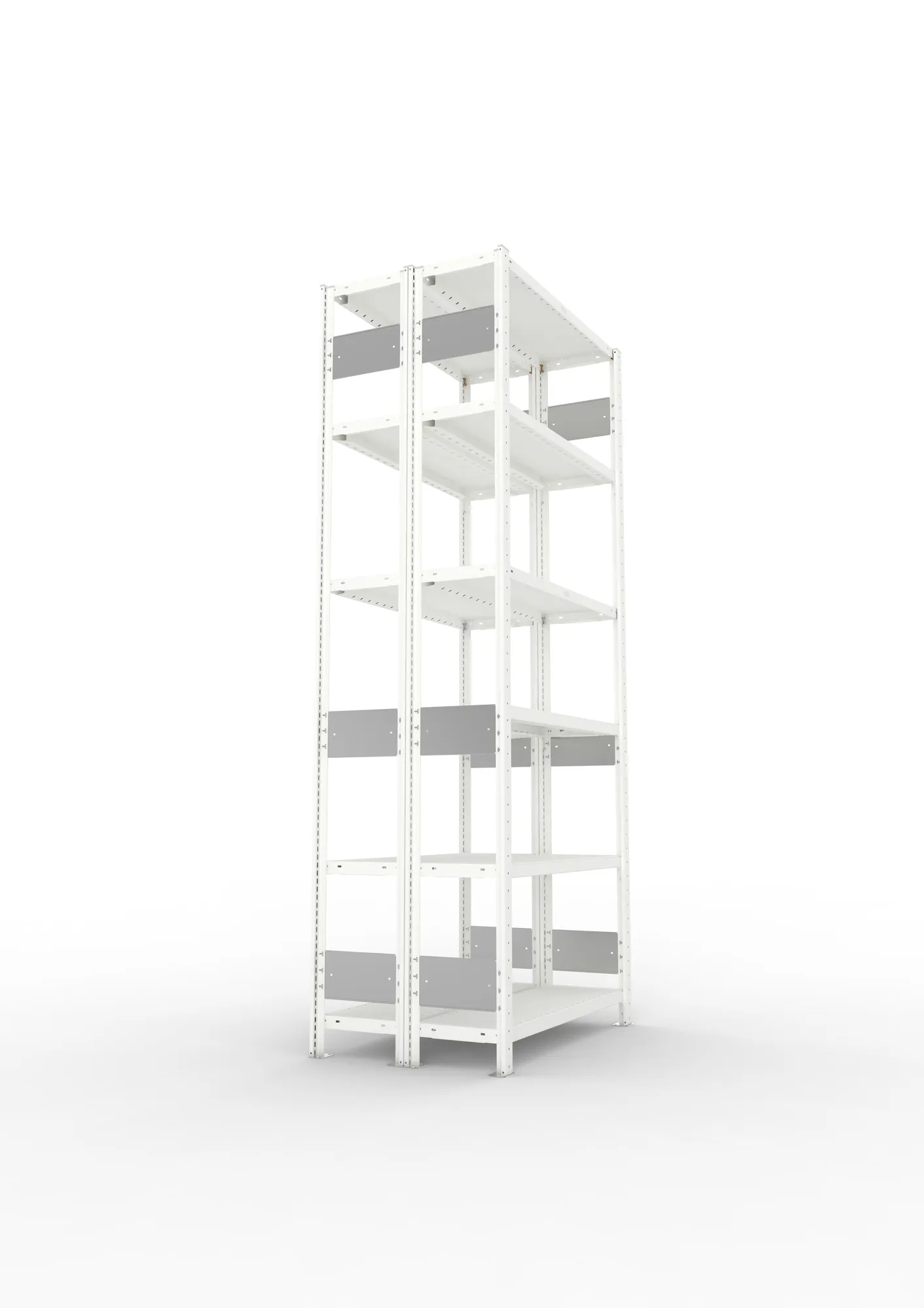 META CLIP S3, Fachbodenregal, Doppel-Grundregal, 2500 x 1000 x 300 mm, Fachlast 230 kg, 6 Ebenen, Längsriegel, RAL 7035 – Seitenansicht