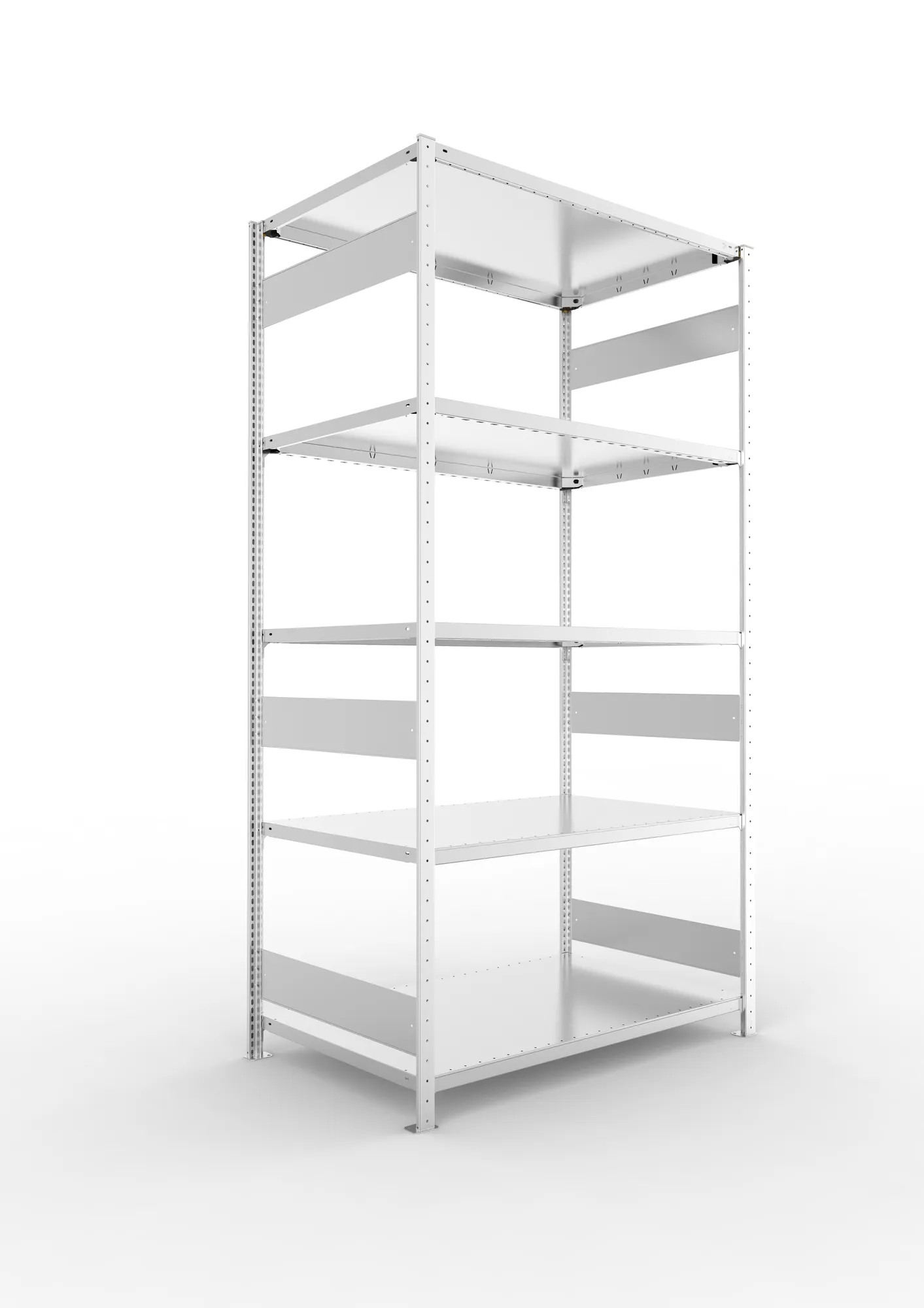 META CLIP S3, Fachbodenregal, Grundregal, 2500 x 1300 x 800 mm, Fachlast 230 kg, 5 Ebenen, Längsriegel, verzinkt – Ansicht in Blickhöhe