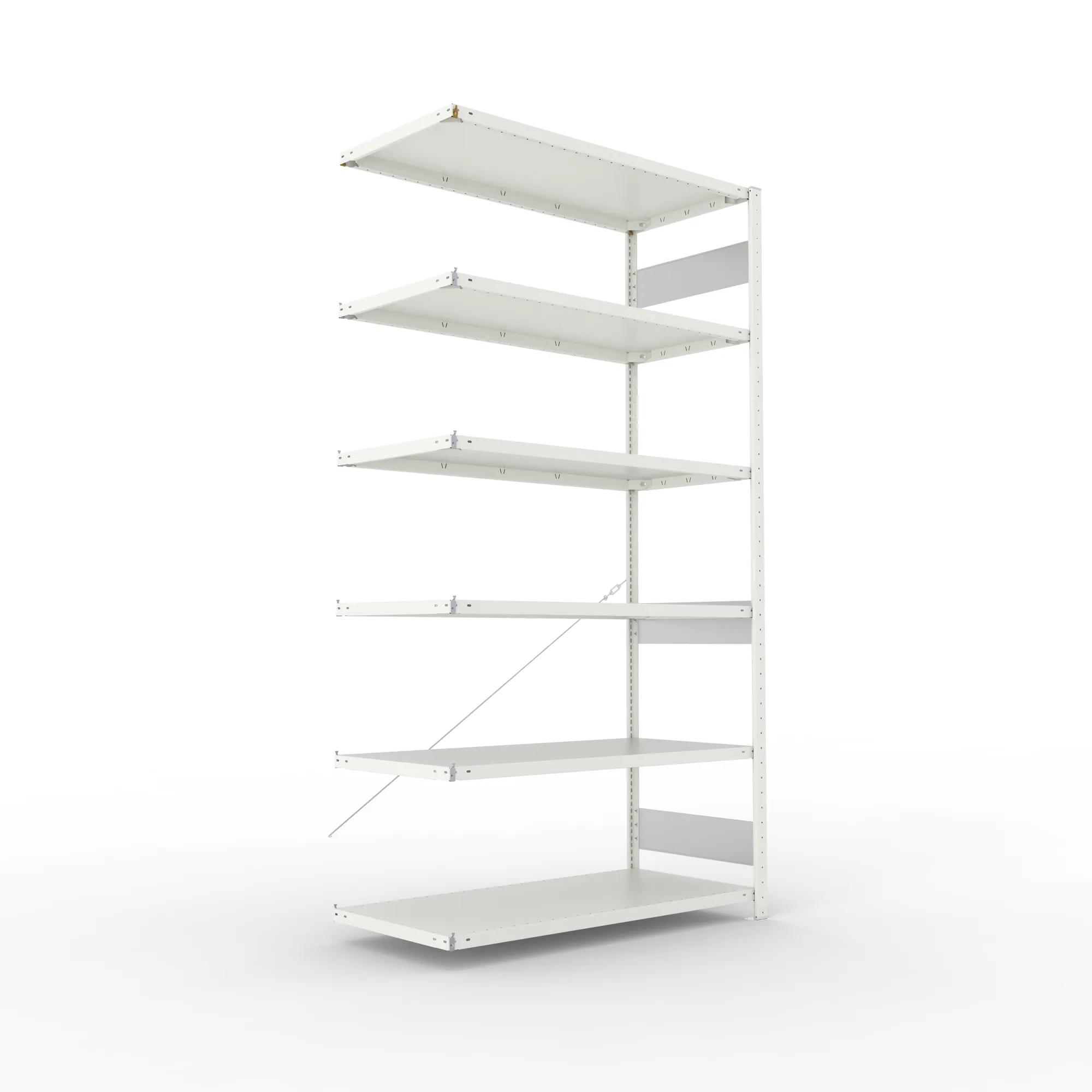 META CLIP S3, Fachbodenregal, Anbauregal, 2500 x 1300 x 600 mm, Fachlast 230 kg, 6 Ebenen, RAL 7035 – Ansicht in Blickhöhe