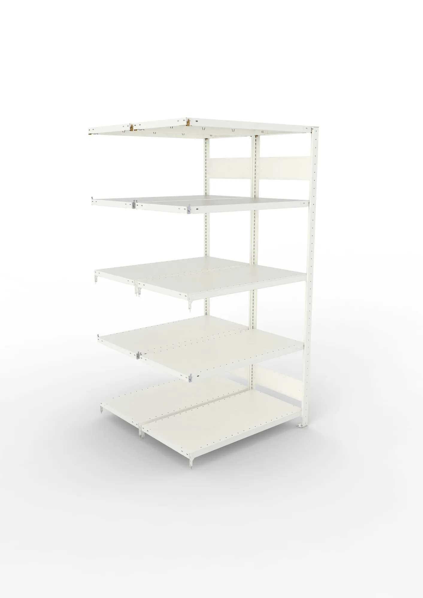 META CLIP S3, Fachbodenregal, Doppel-Anbauregal, 2000 x 1000 x 500 mm, Fachlast 150 kg, 5 Ebenen, Längsriegel, RAL 7035 – Ansicht von oben