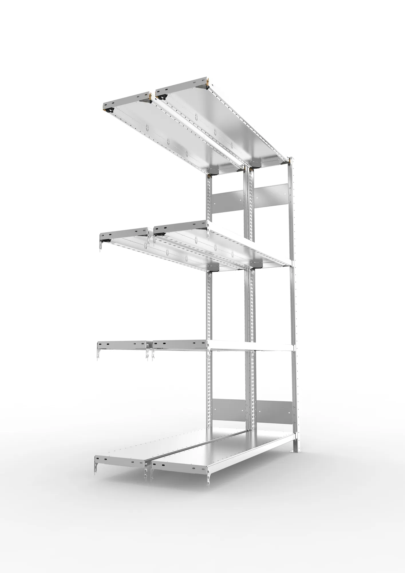 META CLIP S3, Fachbodenregal, Doppel-Anbauregal, 2000 x 1300 x 300 mm, Fachlast 230 kg, 4 Ebenen, Längsriegel, verzinkt – Seitenansicht