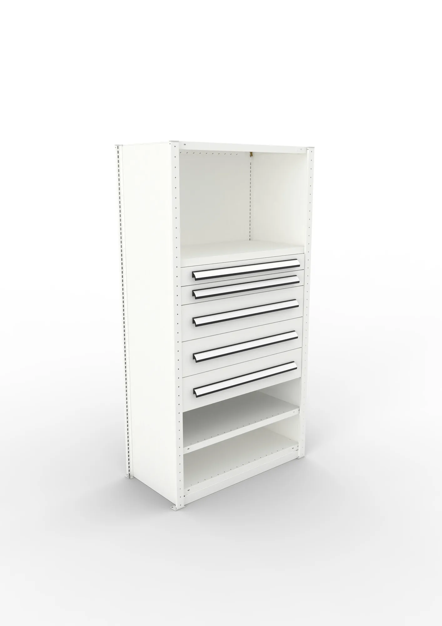 META CLIP, Schrankmodul, Grundregal, Variante 4, 2000 x 1000 x 500 mm, Schubladen mittig, RAL 7035 – Ansicht von oben