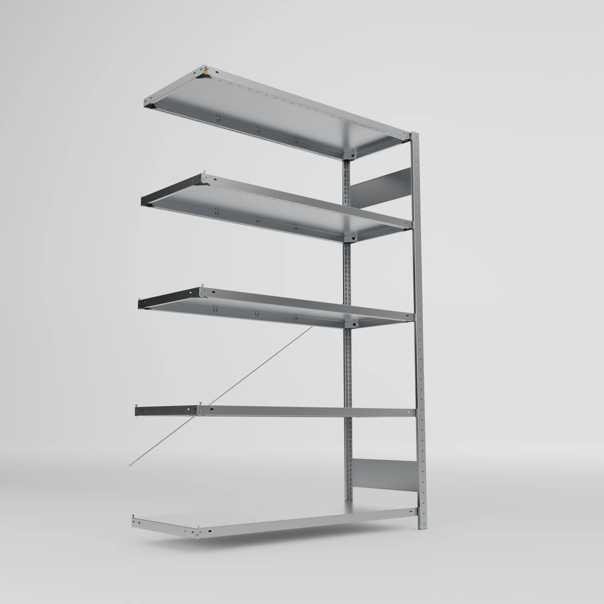 META CLIP S3, Fachbodenregal, Anbauregal, 2000 x 1300 x 500 mm, Fachlast 150 kg, 5 Ebenen, verzinkt – Ansicht von unten