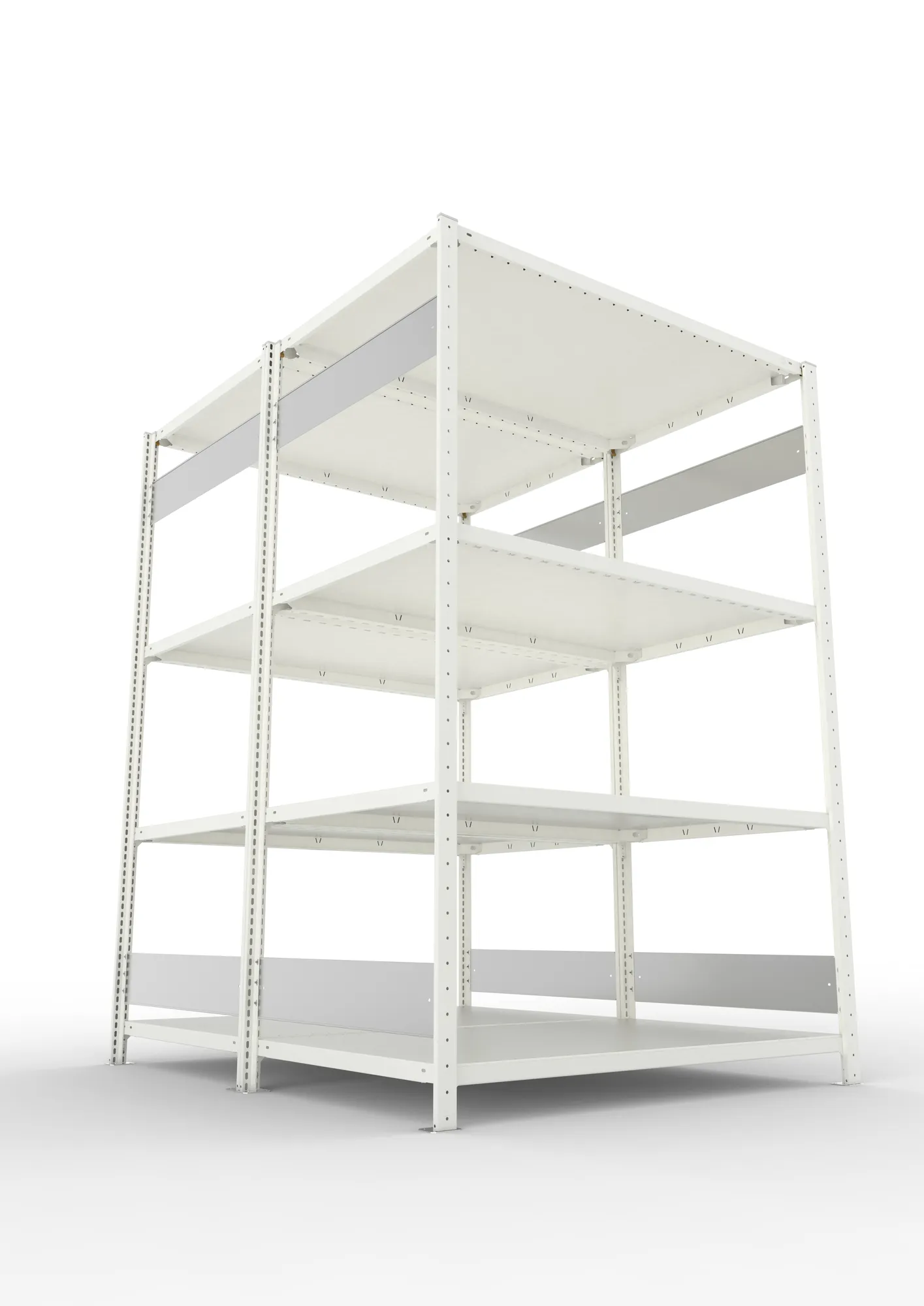 META CLIP S3, Fachbodenregal, Doppel-Grundregal, 2000 x 1300 x 800 mm, Fachlast 230 kg, 4 Ebenen, Längsriegel, RAL 7035 – Ansicht von unten