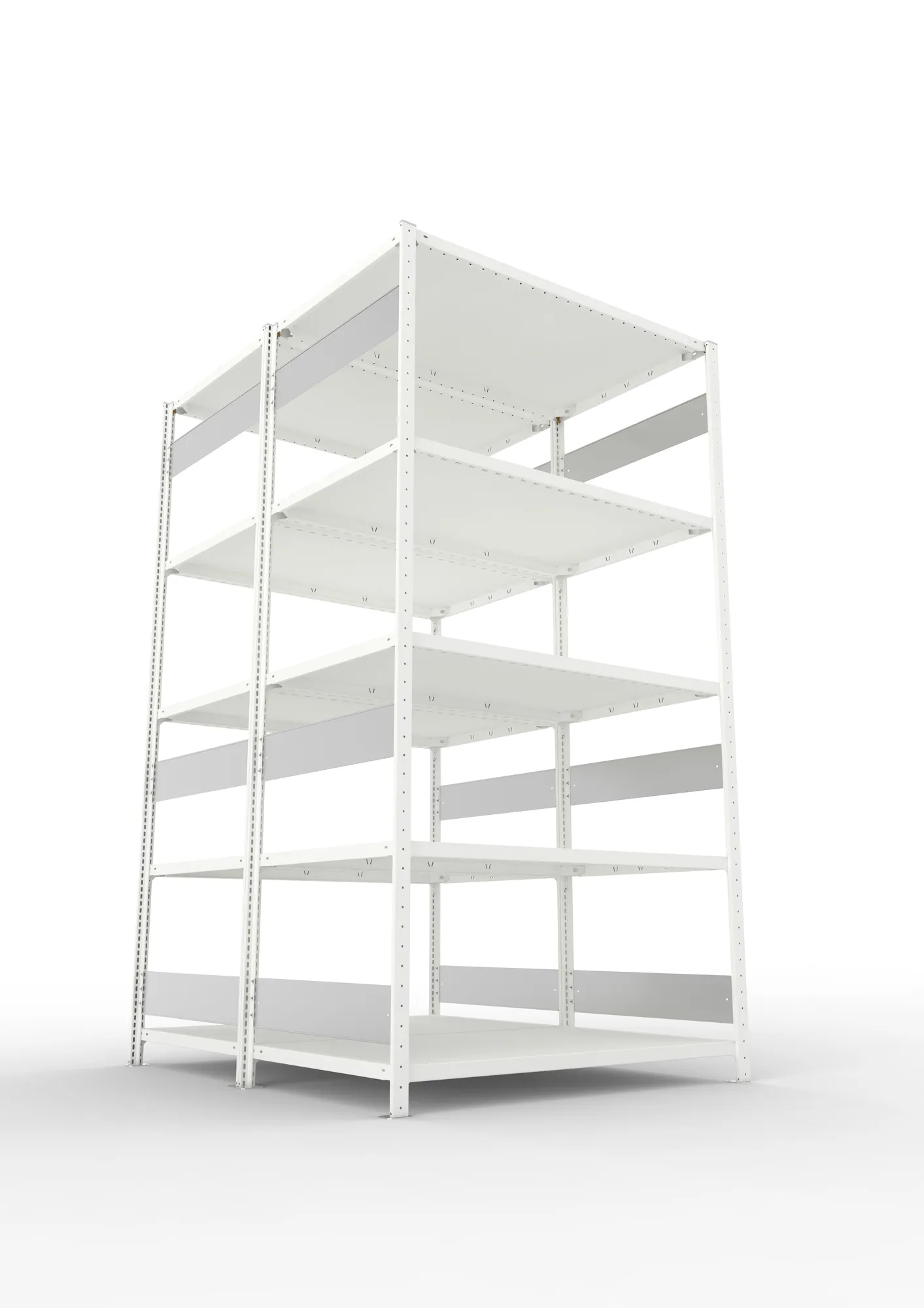 META CLIP S3, Fachbodenregal, Doppel-Grundregal, 2500 x 1300 x 800 mm, Fachlast 230 kg, 5 Ebenen, Längsriegel, RAL 7035 – Ansicht von unten