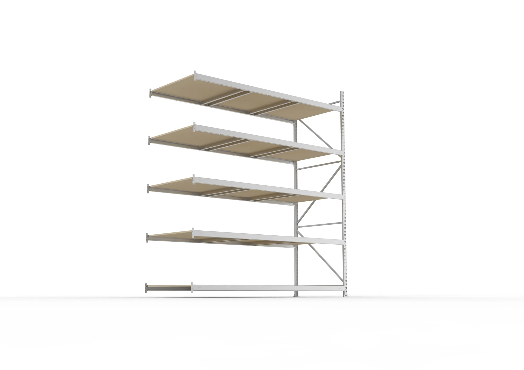 META MINI-RACK, Weitspannregal, Anbauregal, 3000 x 2600 x 1050 mm, Fachlast 490 kg, Spanplattenböden, 5 Ebenen – Ansicht von unten