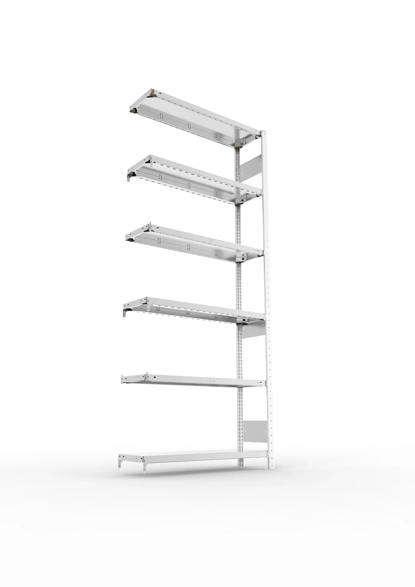 META CLIP S3, Fachbodenregal, Anbauregal, 2500 x 1000 x 300 mm, Fachlast 150 kg, 6 Ebenen, Längsriegel, verzinkt – Ansicht von unten