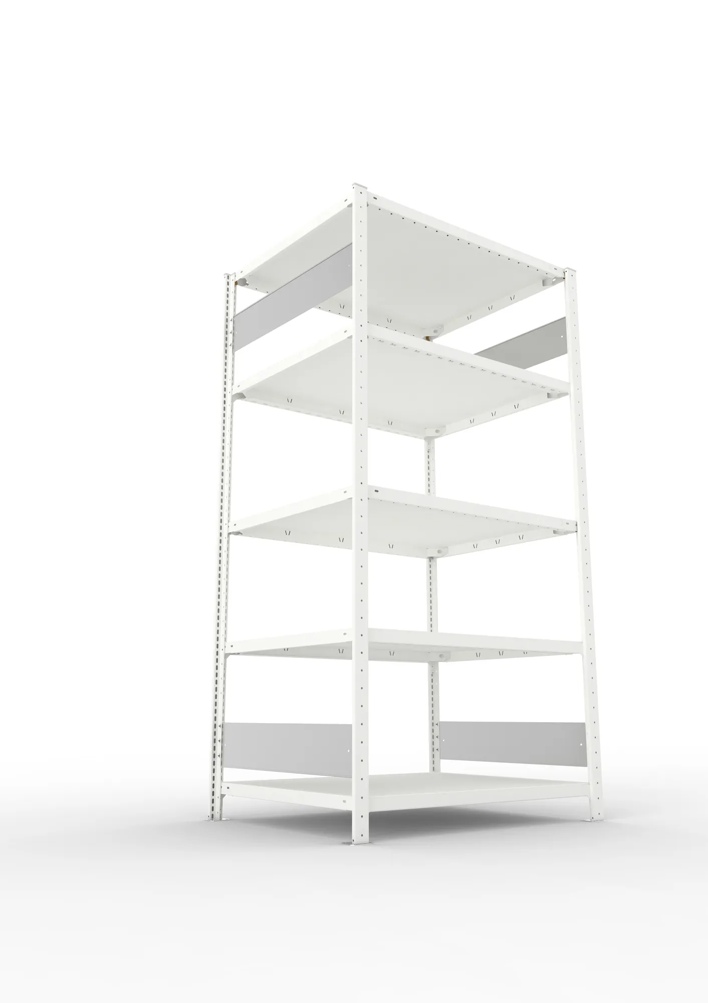 META CLIP S3, Fachbodenregal, Grundregal, 2000 x 1000 x 800 mm, Fachlast 230 kg, 5 Ebenen, Längsriegel, RAL 7035 – Ansicht von unten