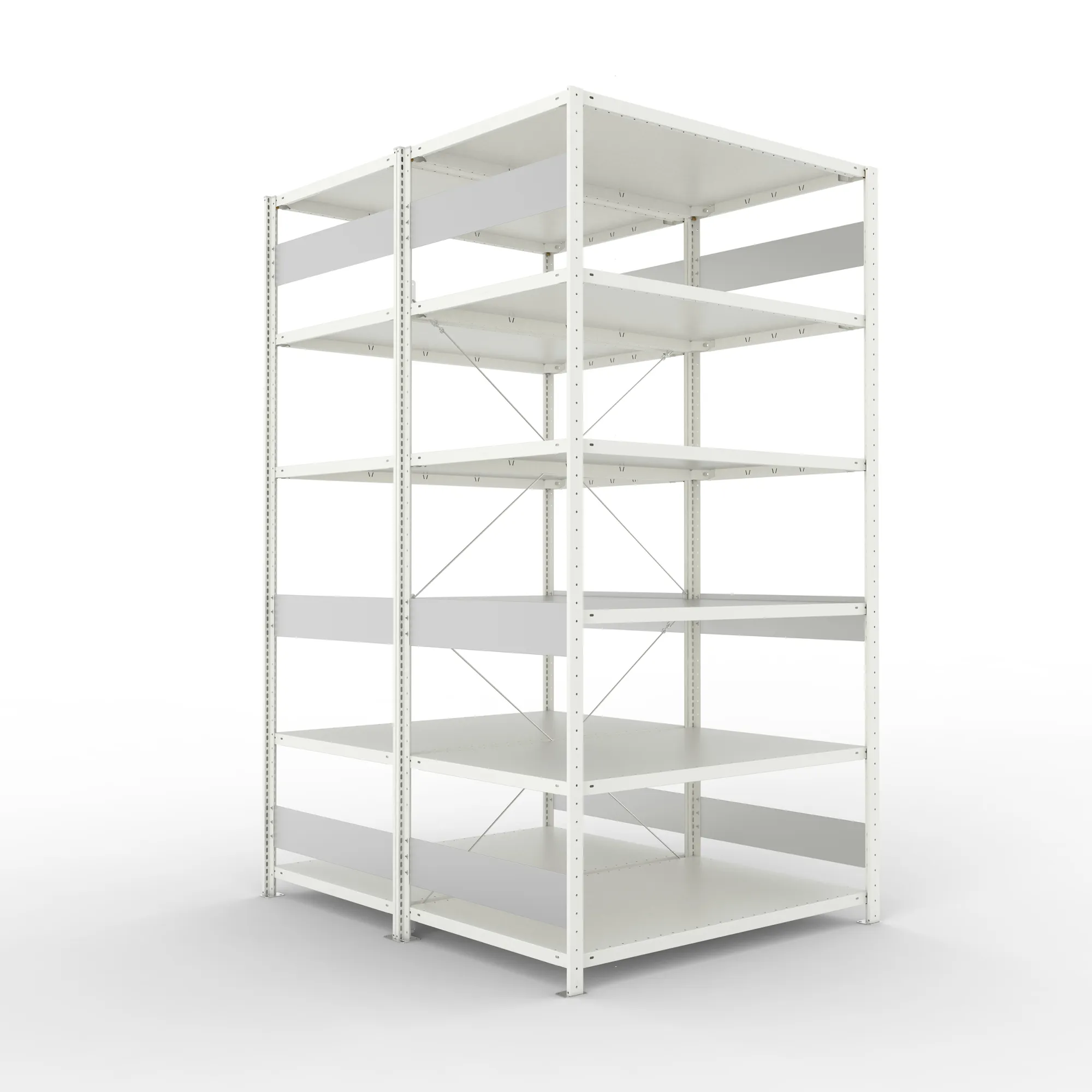 META CLIP S3, Fachbodenregal, Doppel-Grundregal, 2500 x 1300 x 800 mm, Fachlast 230 kg, 6 Ebenen, RAL 7035 – Ansicht in Blickhöhe