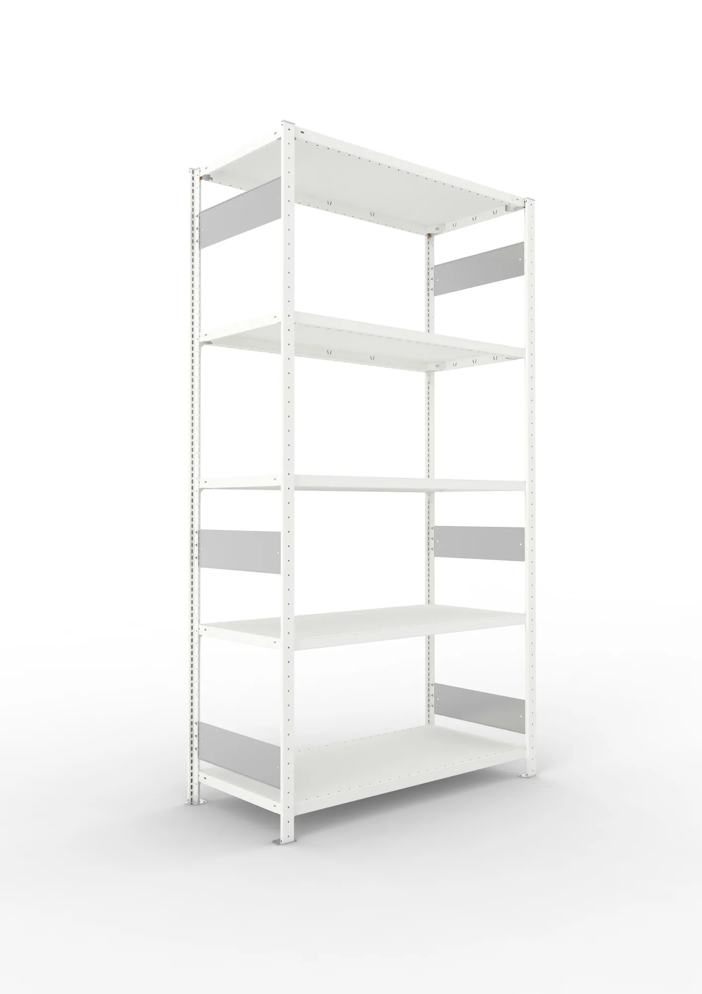 META CLIP S3, Fachbodenregal, Grundregal, 2500 x 1300 x 600 mm, Fachlast 230 kg, 5 Ebenen, Längsriegel, RAL 7035 – Ansicht in Blickhöhe