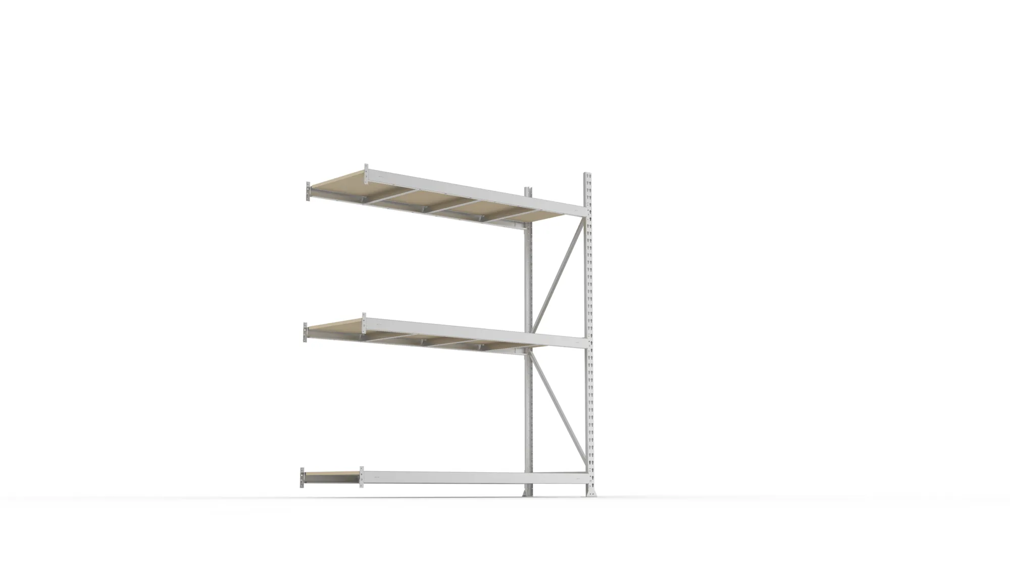META MINI-RACK, Weitspannregal, Anbauregal, 2200 x 1800 x 650 mm, Fachlast 600 kg, Spanplattenböden, 3 Ebenen – Ansicht von unten