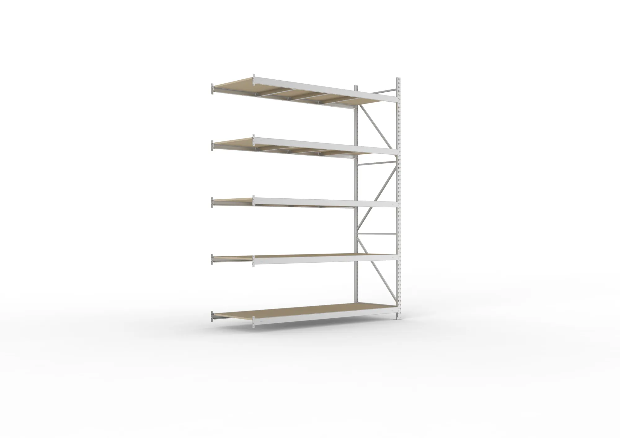 META MINI-RACK, Weitspannregal, Anbauregal, 3000 x 2200 x 800 mm, Fachlast 600 kg, Spanplattenböden, 5 Ebenen – Ansicht in Blickhöhe