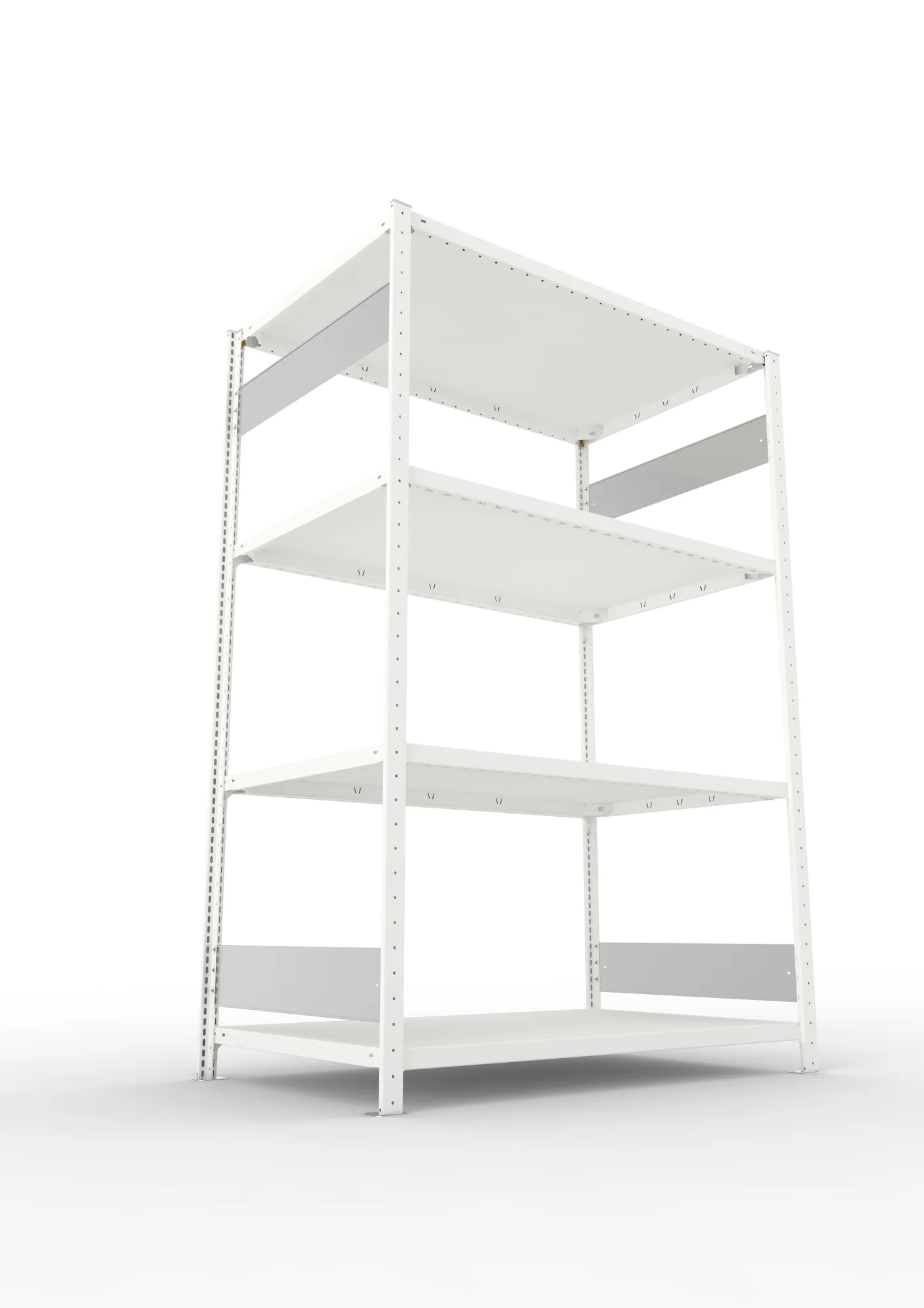 META CLIP S3, Fachbodenregal, Grundregal, 2000 x 1300 x 800 mm, Fachlast 230 kg, 4 Ebenen, Längsriegel, RAL 7035 – Ansicht von unten