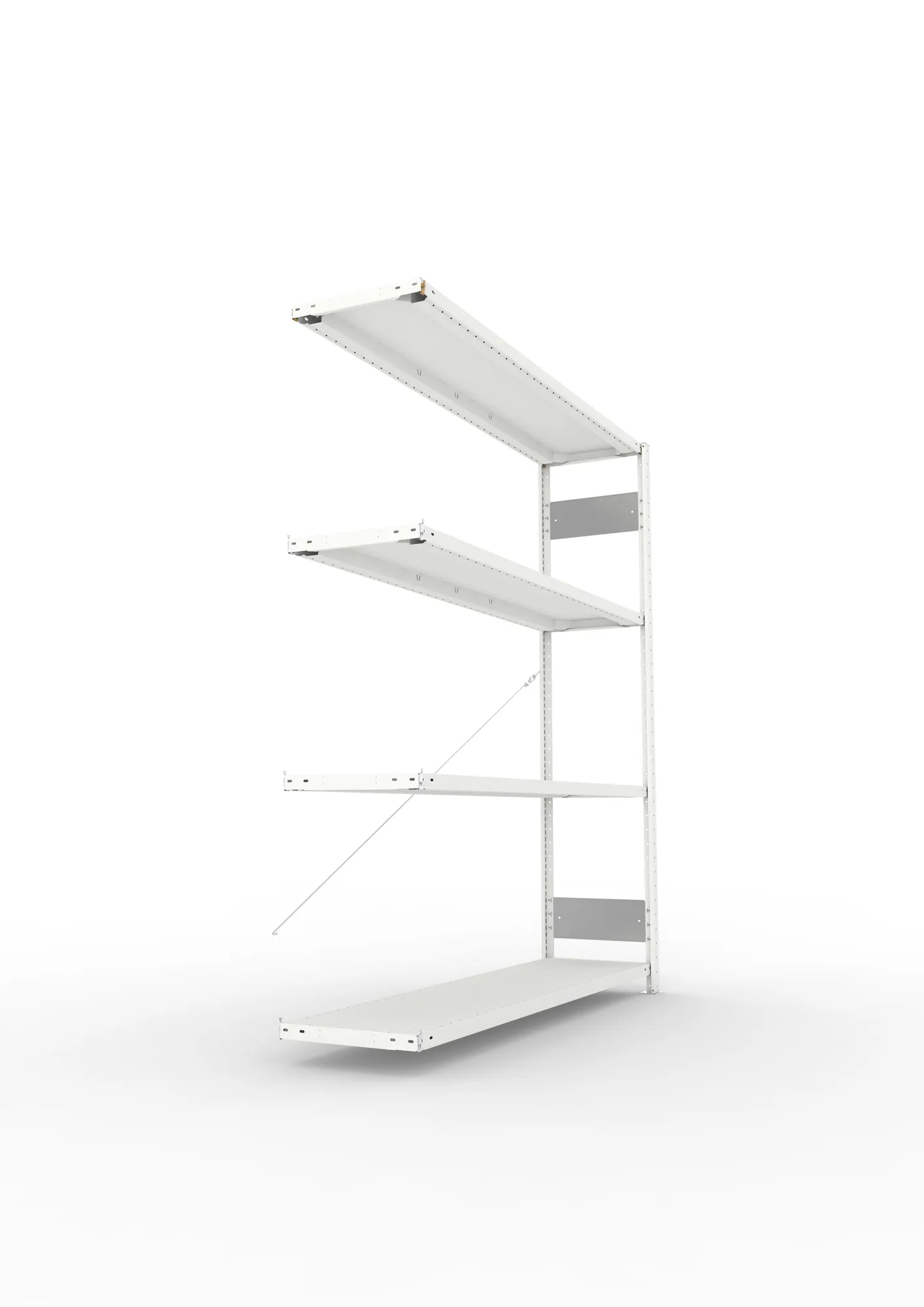 META CLIP S3, Fachbodenregal, Anbauregal, 2000 x 1700 x 400 mm, Fachlast 200 kg, 4 Ebenen, RAL 7035 – Seitenansicht