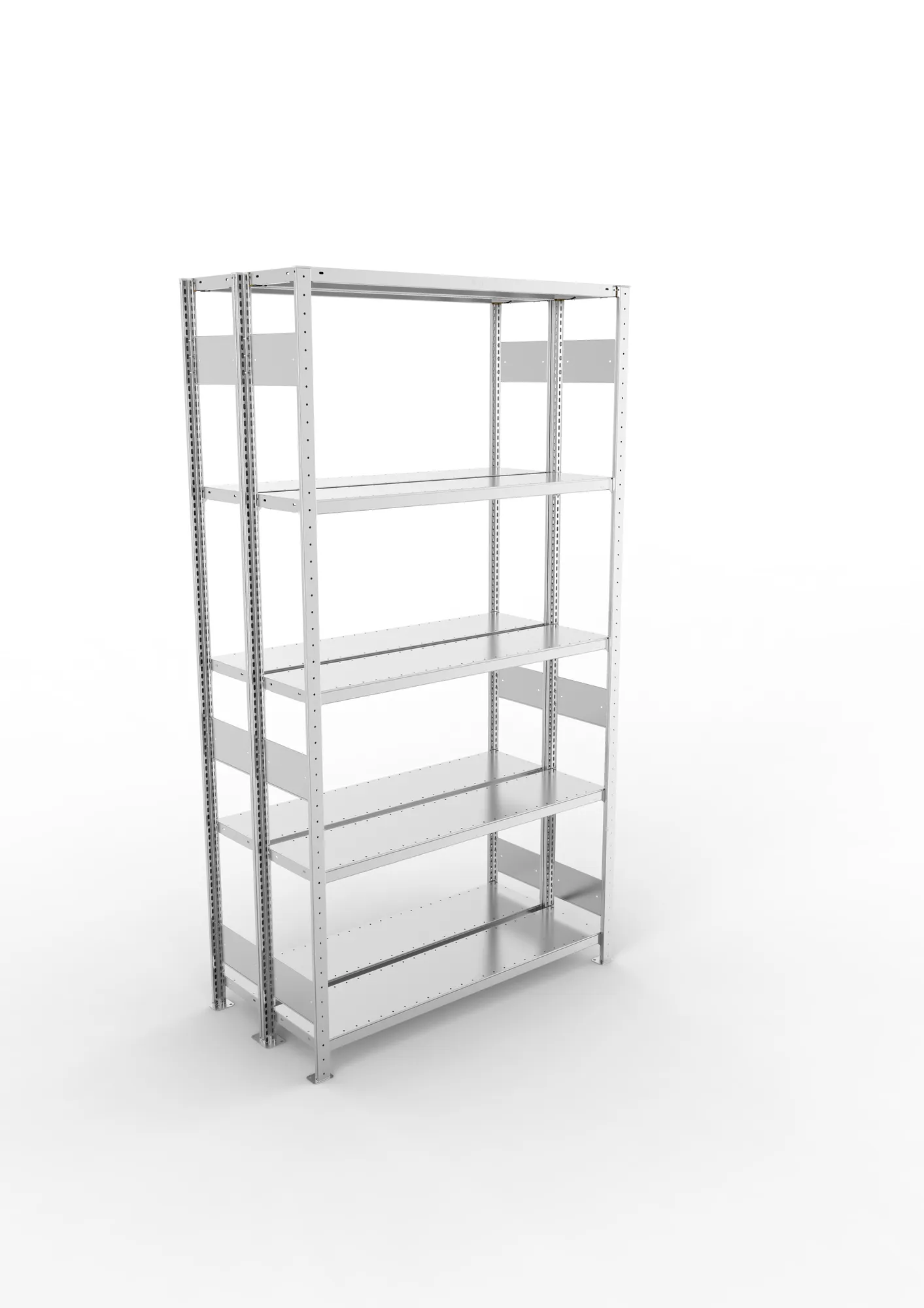 META CLIP S3, Fachbodenregal, Doppel-Grundregal, 2500 x 1300 x 300 mm, Fachlast 230 kg, 5 Ebenen, Längsriegel, verzinkt – Ansicht von oben