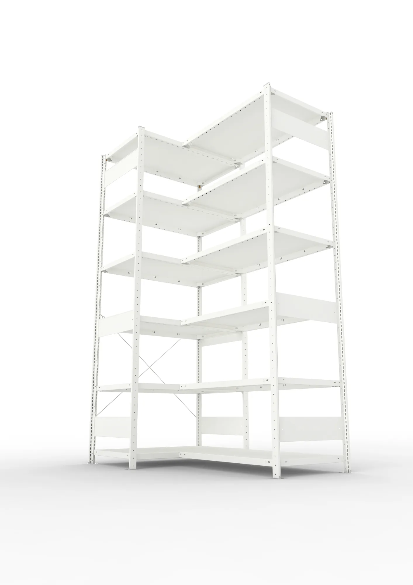 META CLIP, Eckregal, 2500 x 1000 x 600 mm, Fachlast 100 kg, 6 Ebenen, RAL 7035 – Ansicht von unten