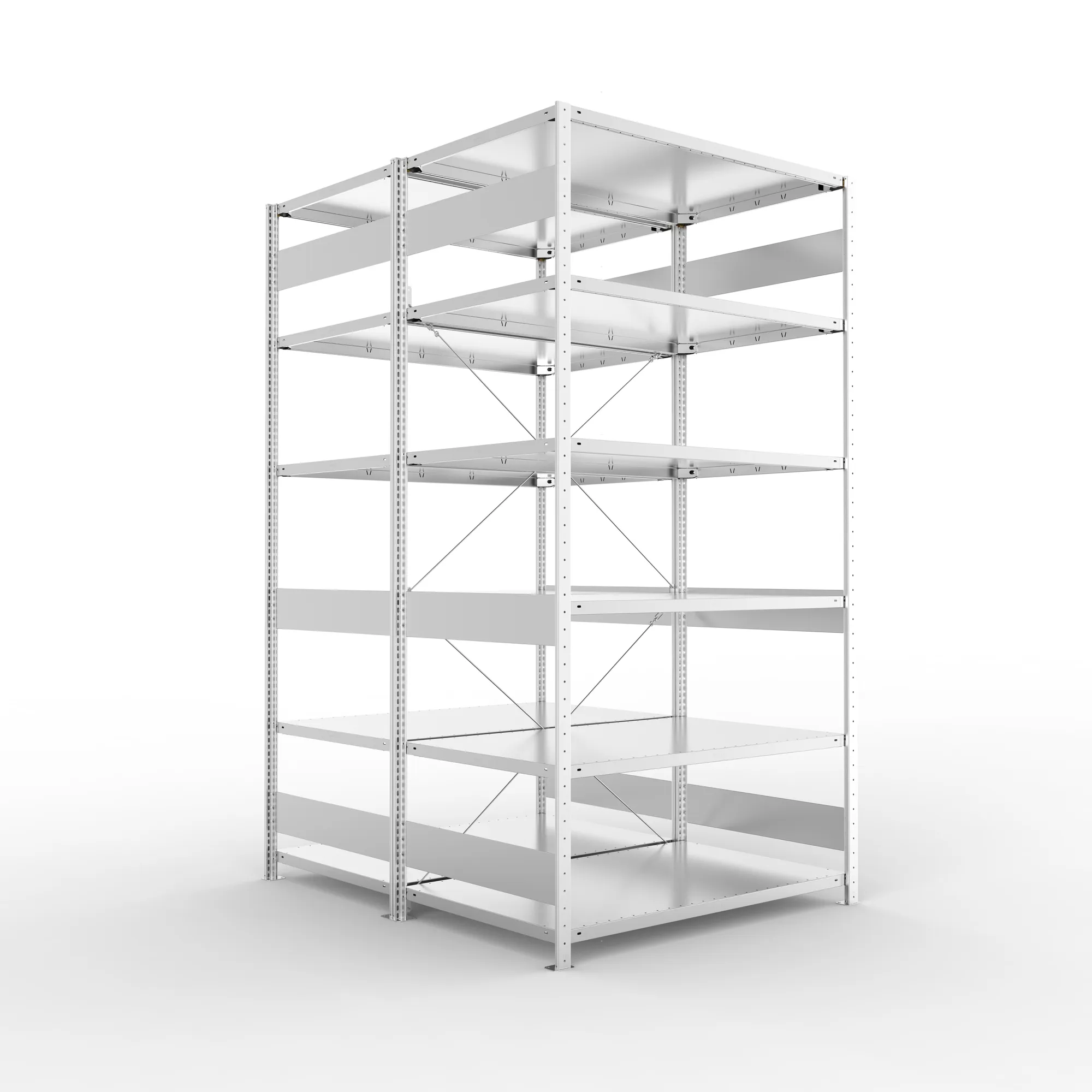 META CLIP S3, Fachbodenregal, Doppel-Grundregal, 2500 x 1300 x 800 mm, Fachlast 230 kg, 6 Ebenen, verzinkt – Ansicht in Blickhöhe