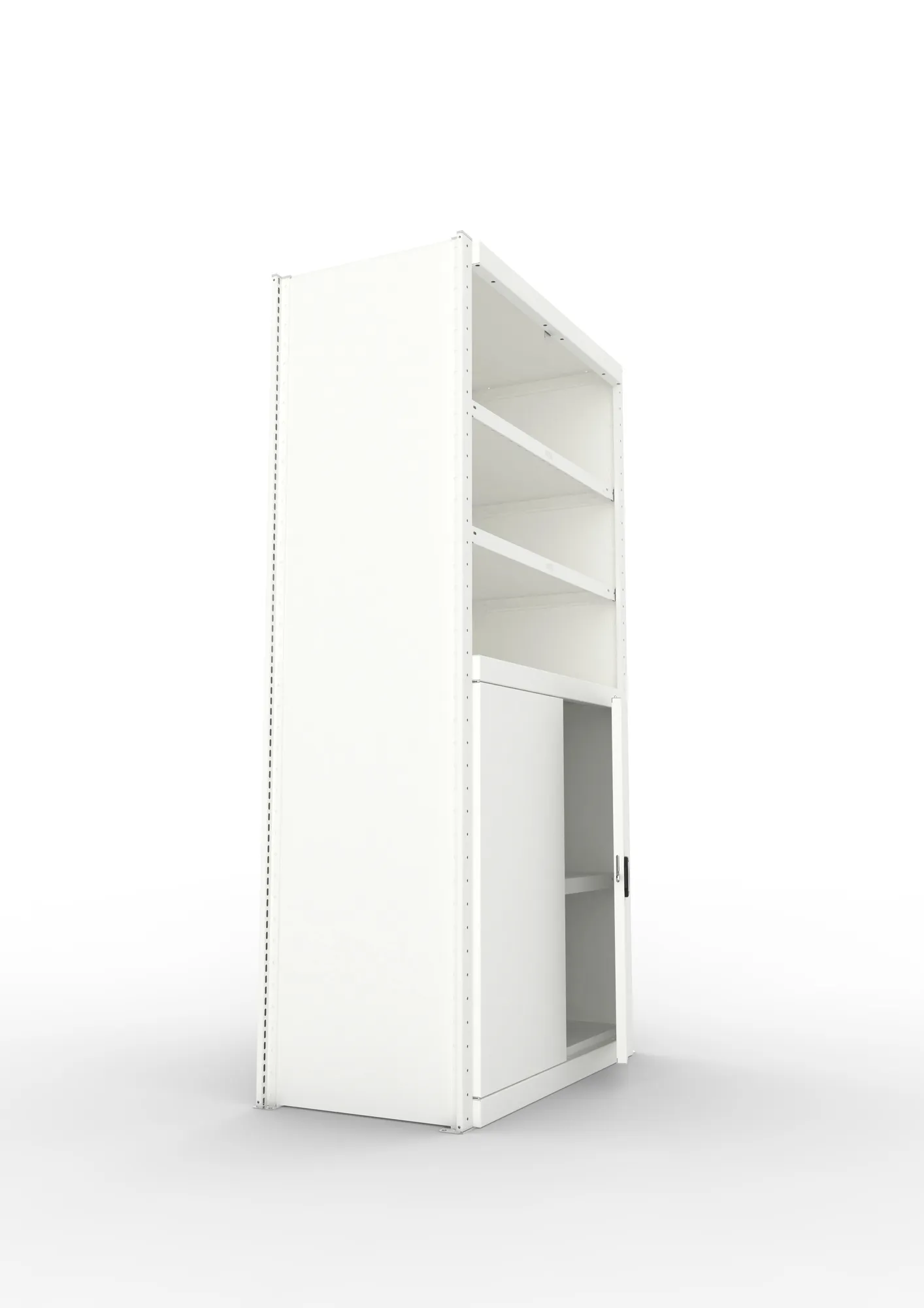 META CLIP, Schrankmodul, Grundregal, Variante 1, 2000 x 1000 x 500 mm, offene Fächer und Flügeltür unten, RAL 7035 – Seitenansicht