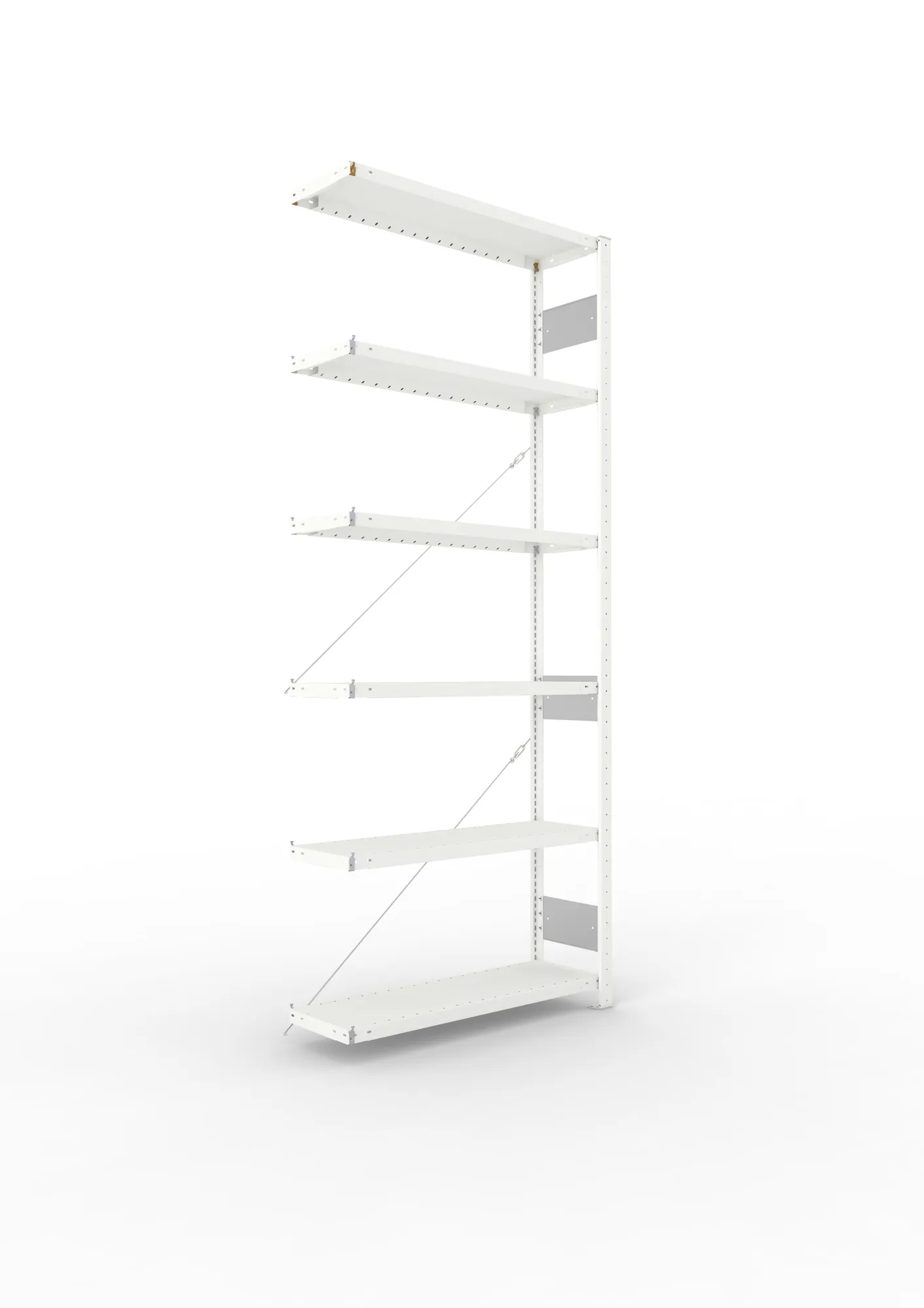 META CLIP S3, Fachbodenregal, Anbauregal, 2500 x 1000 x 300 mm, Fachlast 230 kg, 6 Ebenen, RAL 7035 – Ansicht in Blickhöhe