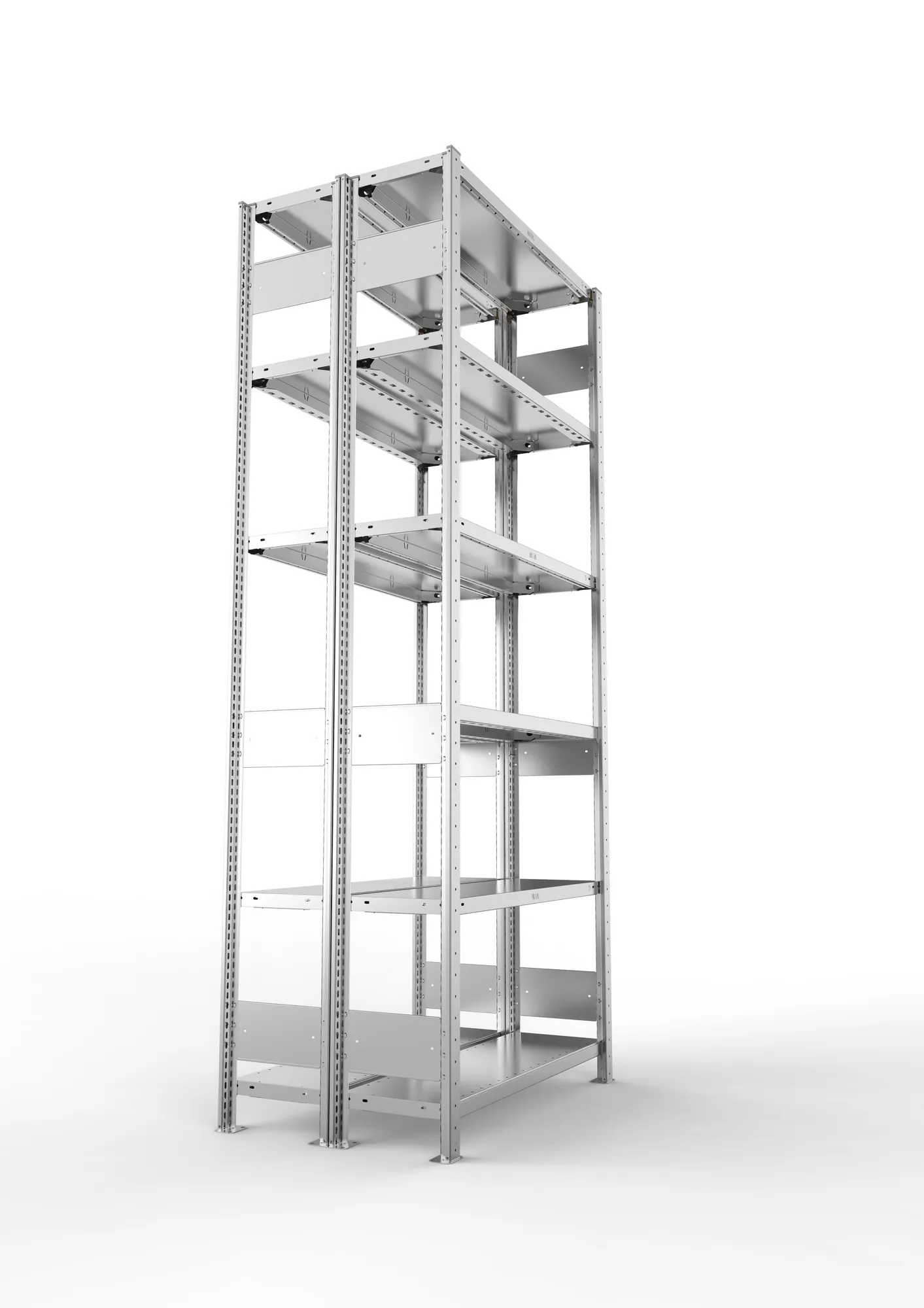 META CLIP S3, Fachbodenregal, Doppel-Grundregal, 2500 x 1000 x 300 mm, Fachlast 150 kg, 6 Ebenen, Längsriegel, verzinkt – Seitenansicht