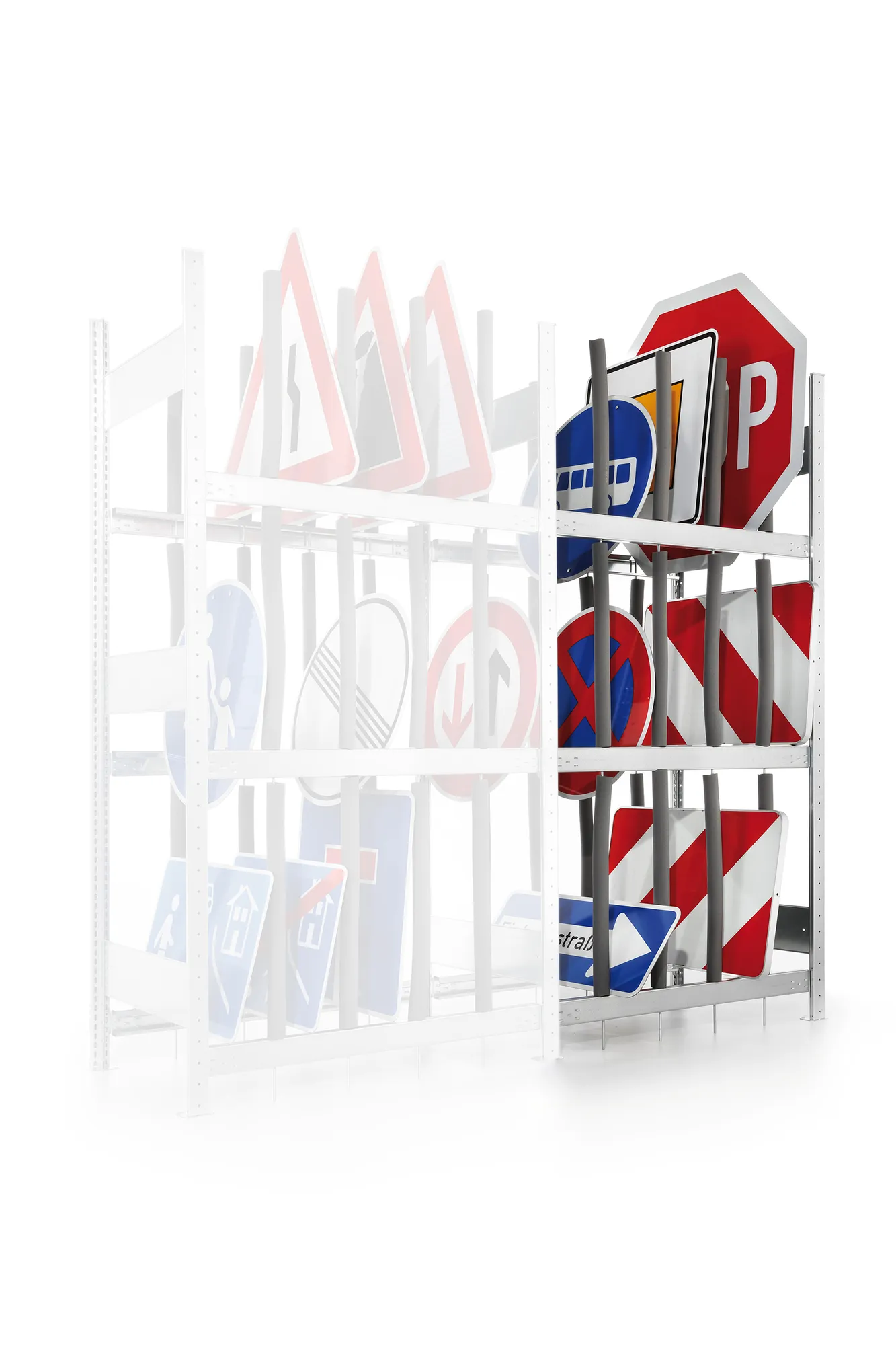 META CLIP, Schilderregal, Anbauregal, 2000 x 1000 x 600 mm, Fachlast 100 kg, 3 Ebenen, verzinkt – Ansicht in Blickhöhe
