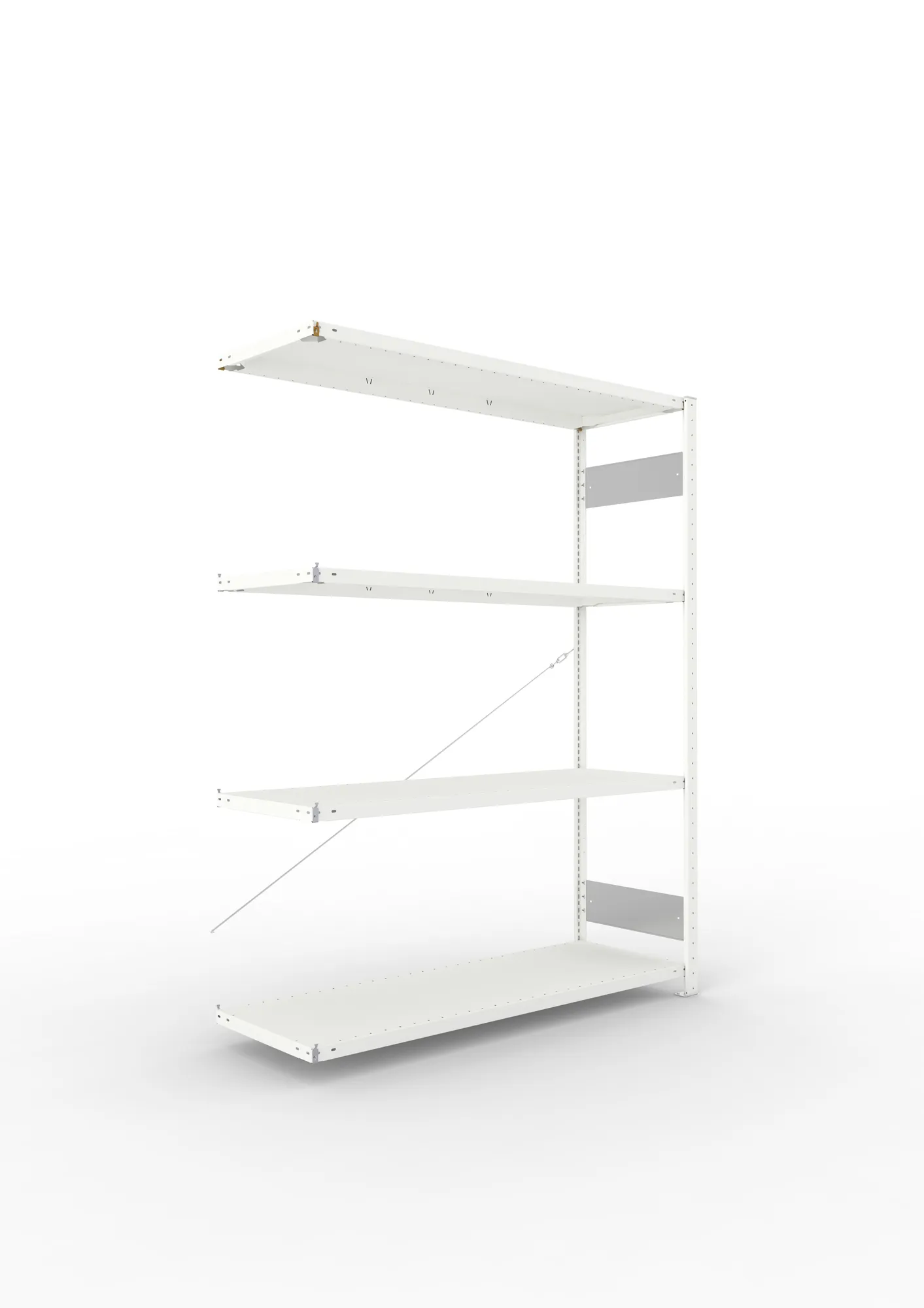 META CLIP S3, Fachbodenregal, Anbauregal, 2000 x 1500 x 500 mm, Fachlast 200 kg, 4 Ebenen, RAL 7035 – Ansicht in Blickhöhe