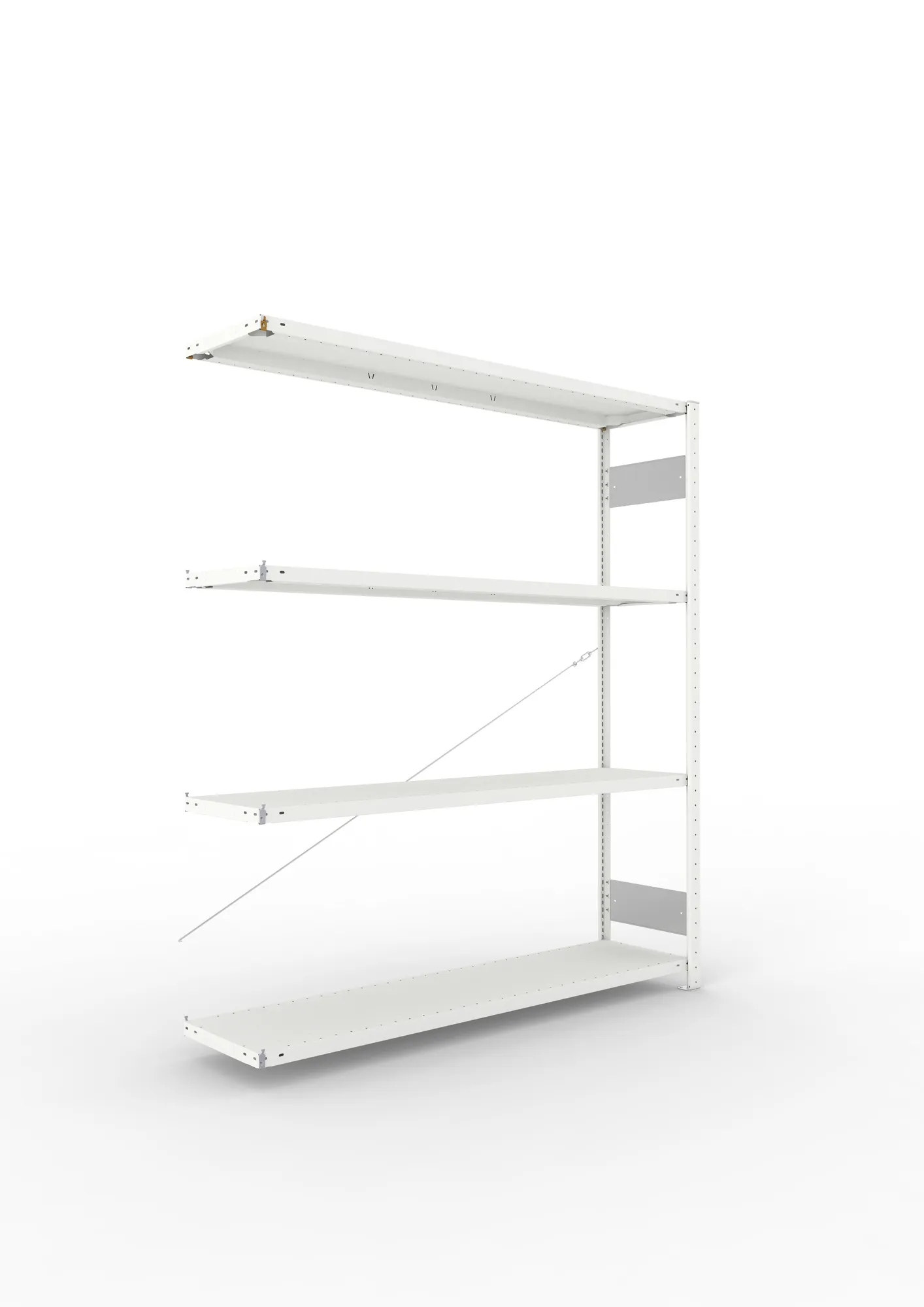 META CLIP S3, Fachbodenregal, Anbauregal, 2000 x 1700 x 400 mm, Fachlast 200 kg, 4 Ebenen, RAL 7035 – Ansicht in Blickhöhe