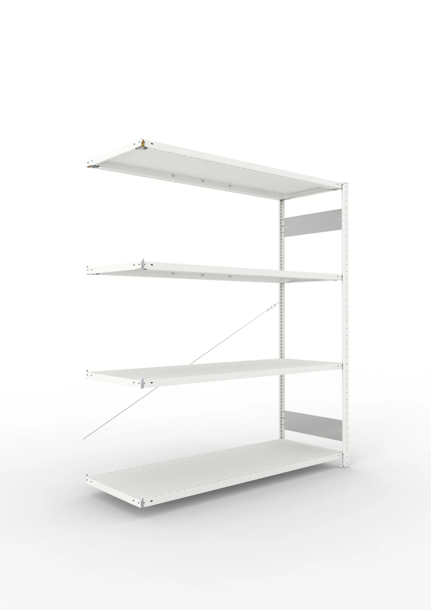 META CLIP S3, Fachbodenregal, Anbauregal, 2000 x 1700 x 600 mm, Fachlast 200 kg, 4 Ebenen, RAL 7035 – Ansicht in Blickhöhe