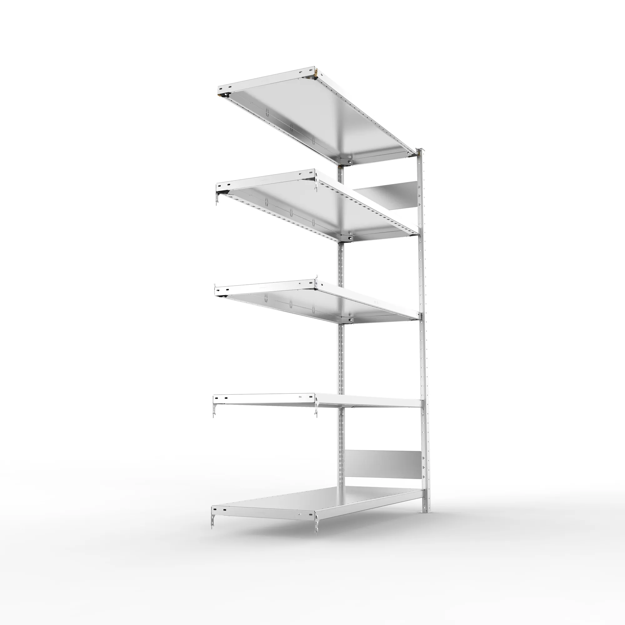 META CLIP S3, Fachbodenregal, Anbauregal, 2000 x 1300 x 500 mm, Fachlast 230 kg, 4 Ebenen, Längsriegel, verzinkt – Seitenansicht