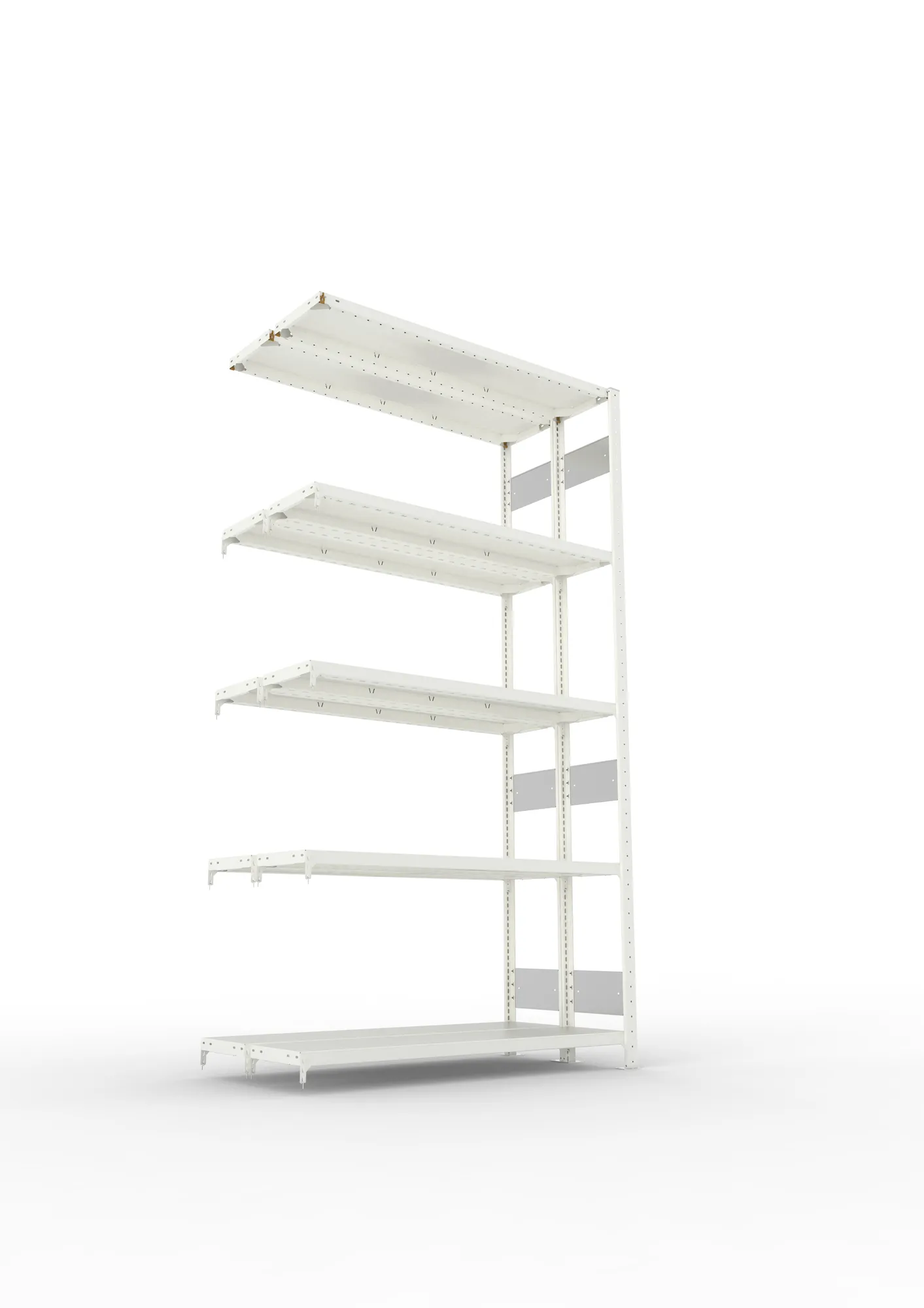 META CLIP S3, Fachbodenregal, Doppel-Anbauregal, 2500 x 1300 x 300 mm, Fachlast 230 kg, 5 Ebenen, Längsriegel, RAL 7035 – Ansicht von unten
