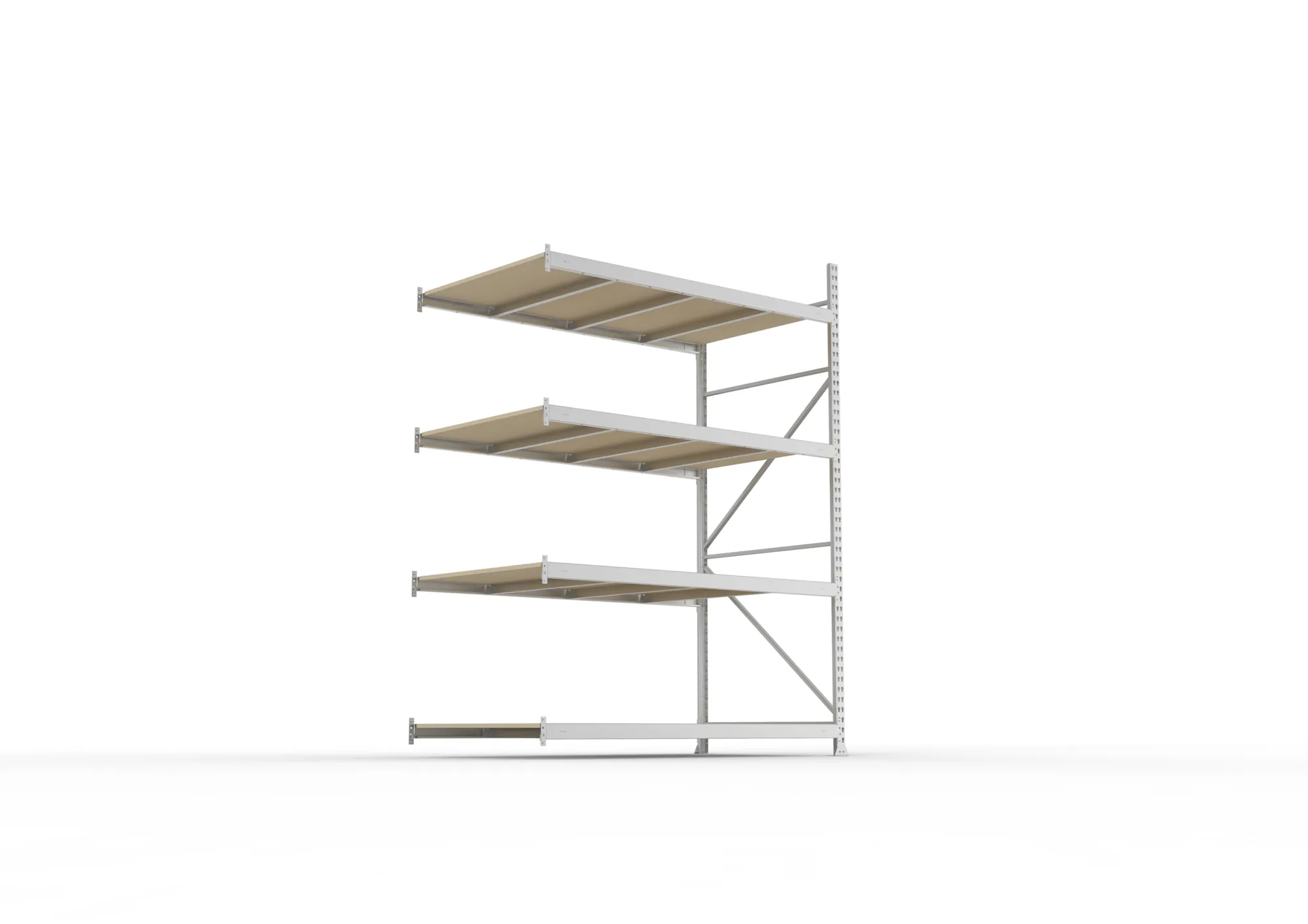 META MINI-RACK, Weitspannregal, Anbauregal, 2500 x 1800 x 1050 mm, Fachlast 600 kg, Spanplattenböden, 4 Ebenen – Ansicht von unten