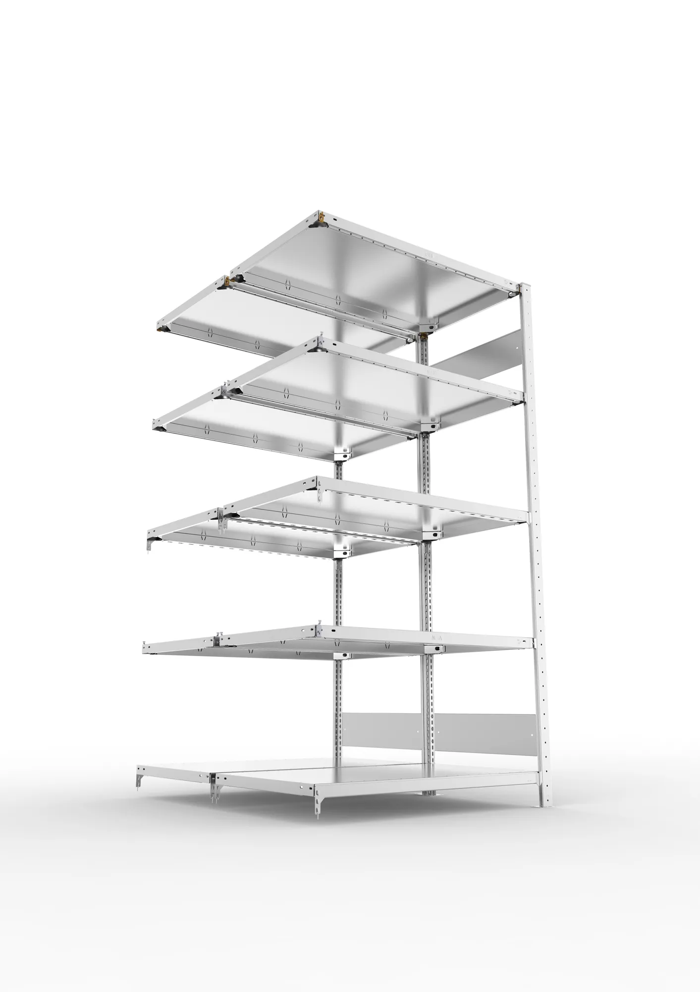 META CLIP S3, Fachbodenregal, Doppel-Anbauregal, 2000 x 1000 x 600 mm, Fachlast 150 kg, 5 Ebenen, Längsriegel, verzinkt – Ansicht von unten