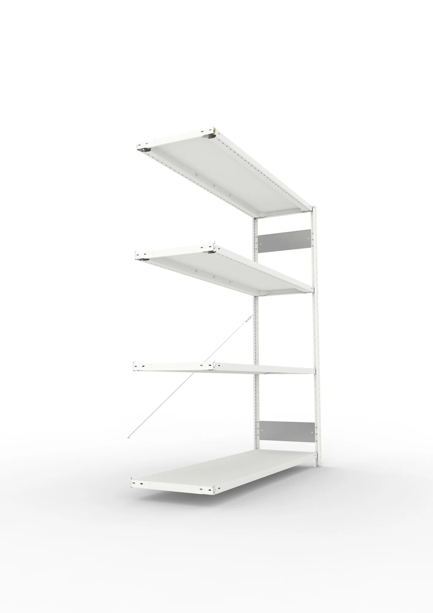 META CLIP S3, Fachbodenregal, Anbauregal, 2000 x 1700 x 500 mm, Fachlast 200 kg, 4 Ebenen, RAL 7035 – Seitenansicht