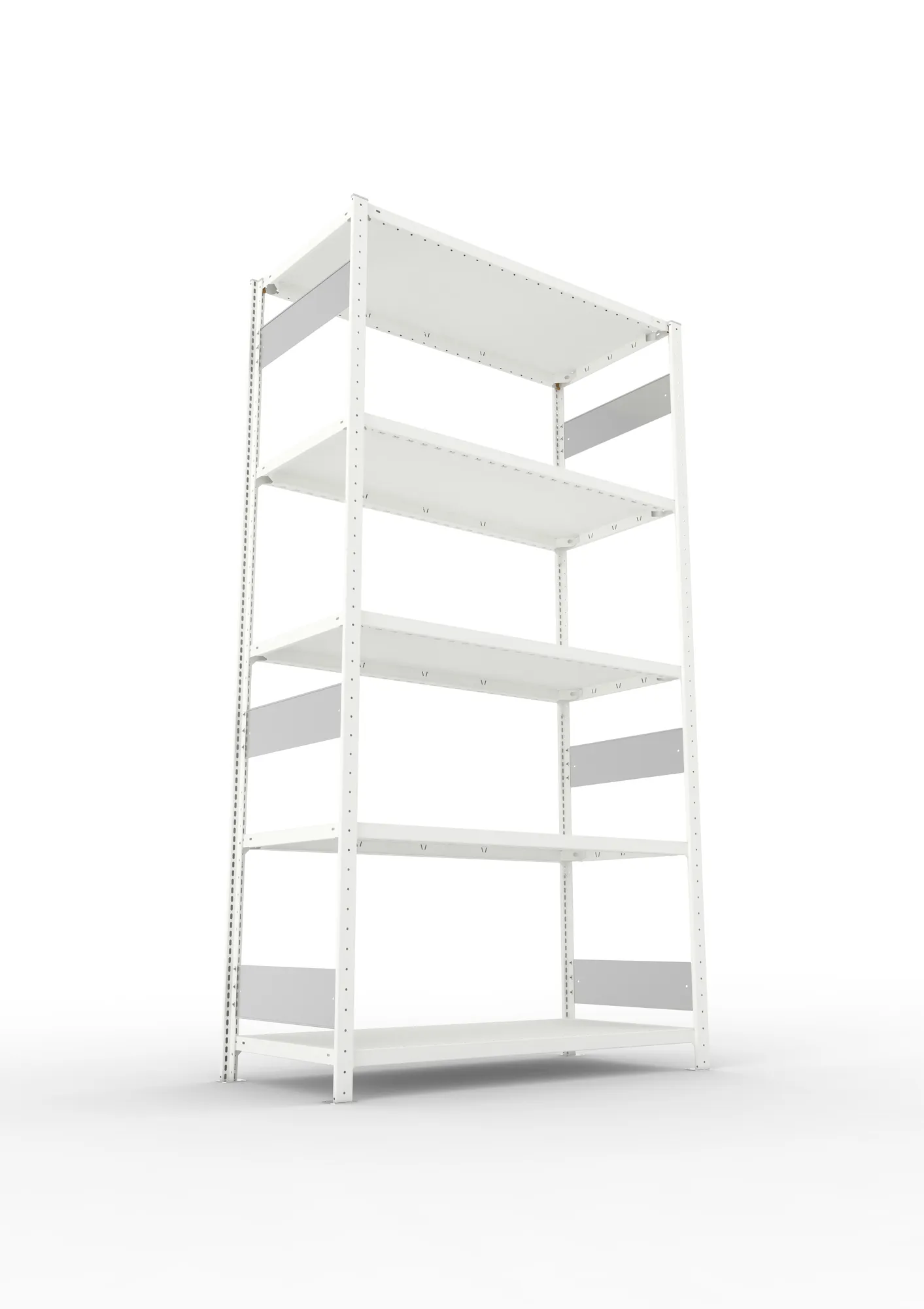META CLIP S3, Fachbodenregal, Grundregal, 2500 x 1300 x 600 mm, Fachlast 230 kg, 5 Ebenen, Längsriegel, RAL 7035 – Ansicht von unten