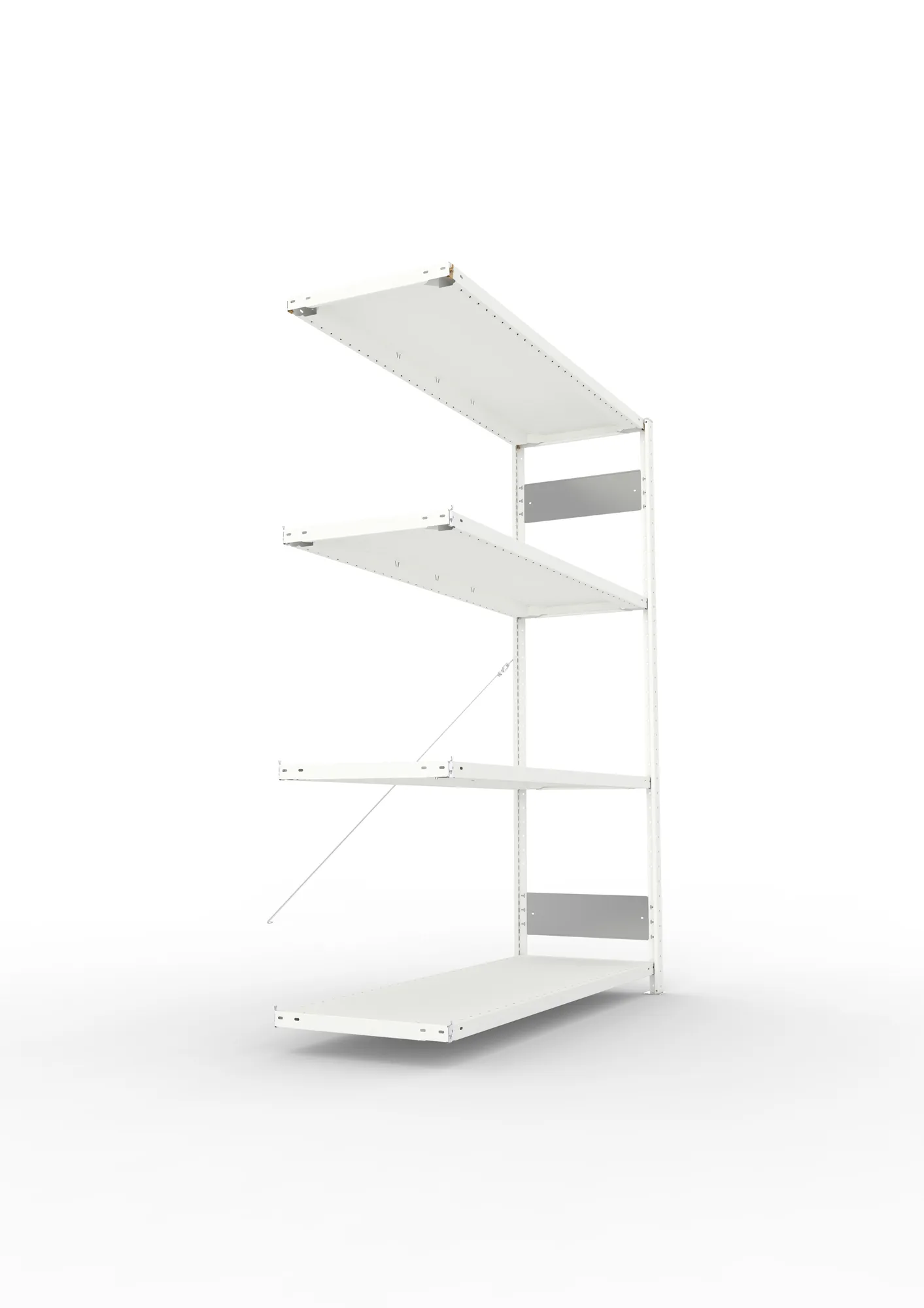 META CLIP S3, Fachbodenregal, Anbauregal, 2000 x 1500 x 500 mm, Fachlast 200 kg, 4 Ebenen, RAL 7035 – Seitenansicht