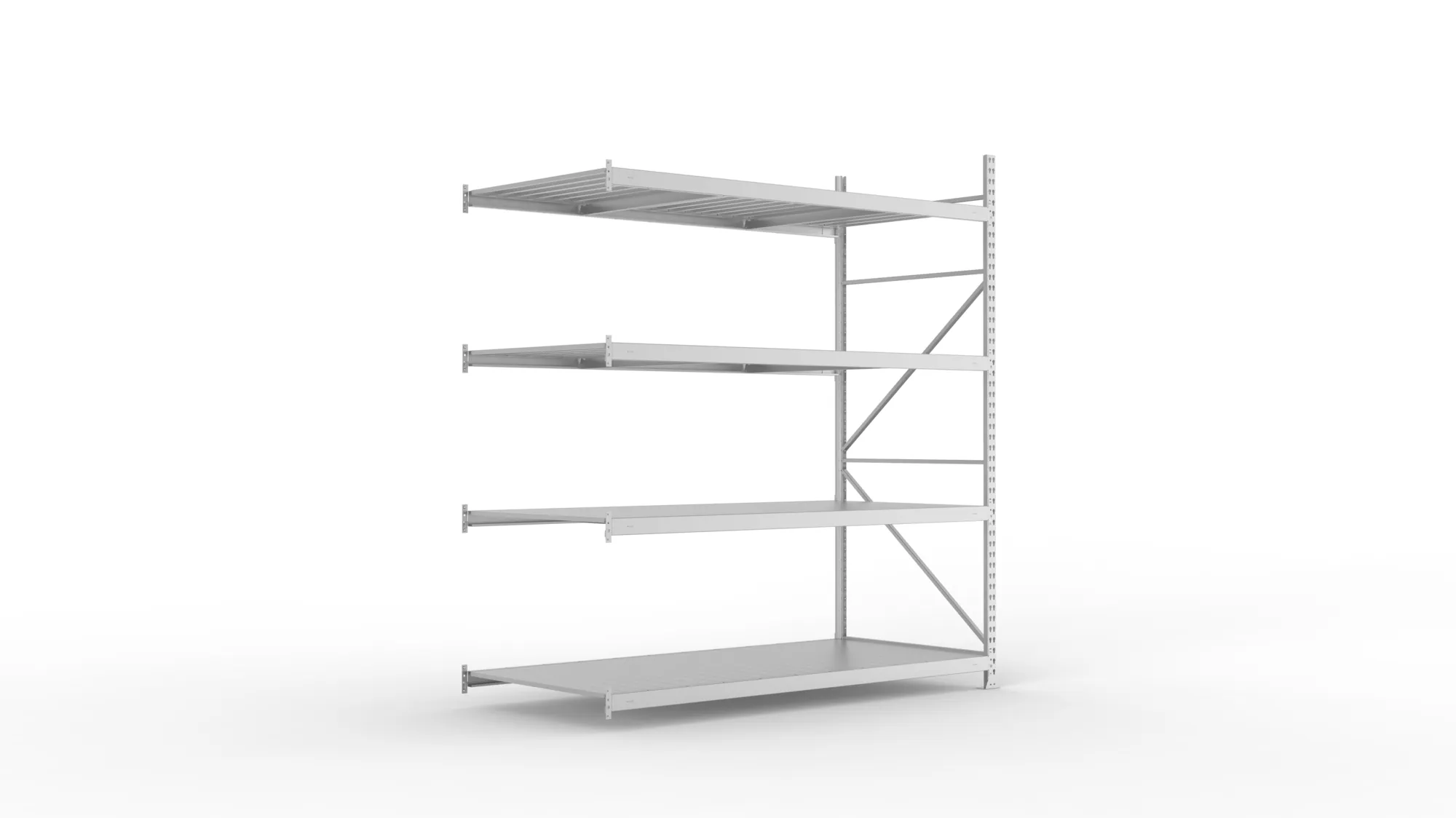 META MINI-RACK, Weitspannregal, Anbauregal, 2500 x 2200 x 1050 mm, Fachlast 600 kg, Stahlpaneelböden, 4 Ebenen – Ansicht in Blickhöhe