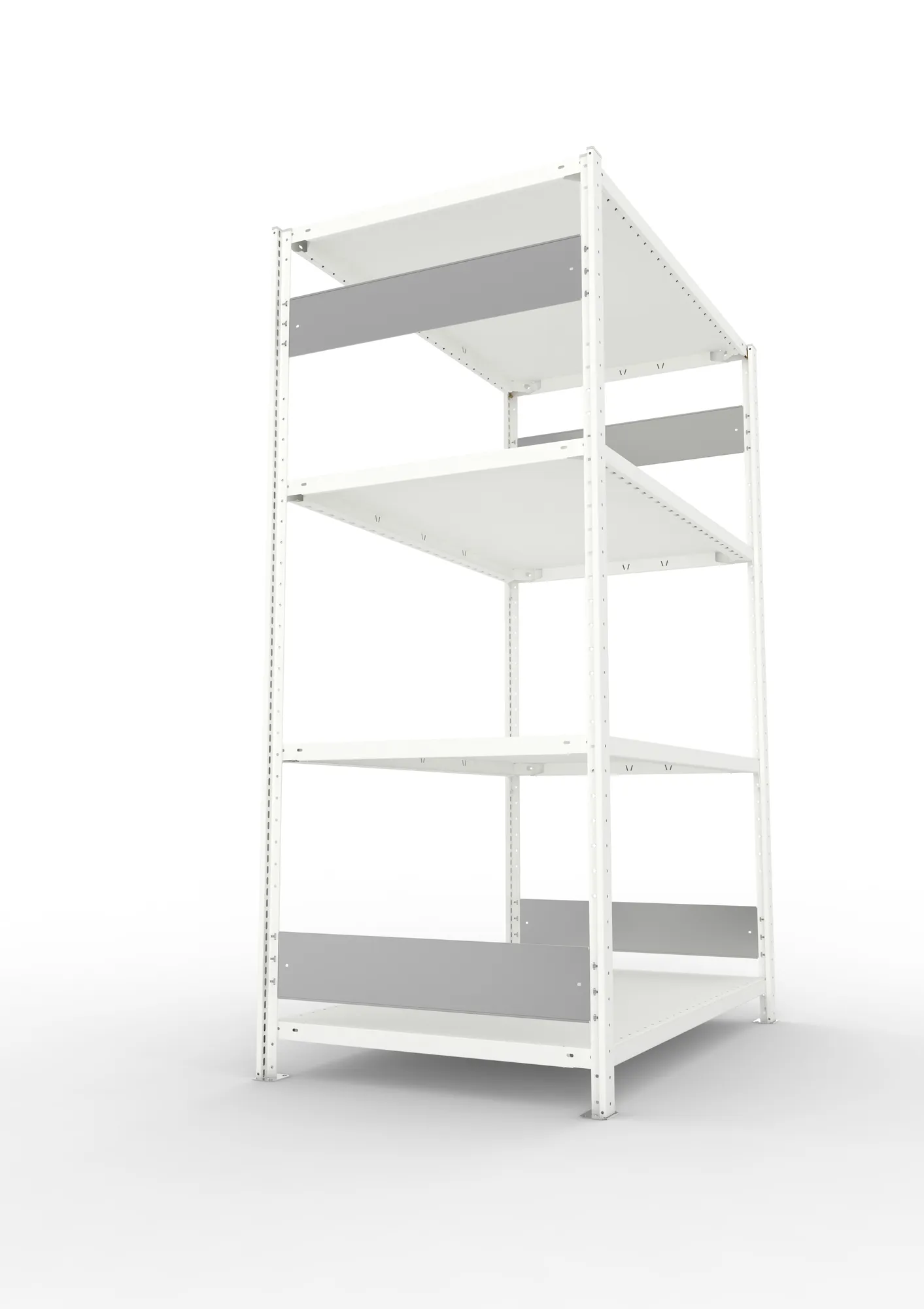 META CLIP S3, Fachbodenregal, Grundregal, 2000 x 1300 x 800 mm, Fachlast 230 kg, 4 Ebenen, Längsriegel, RAL 7035 – Seitenansicht